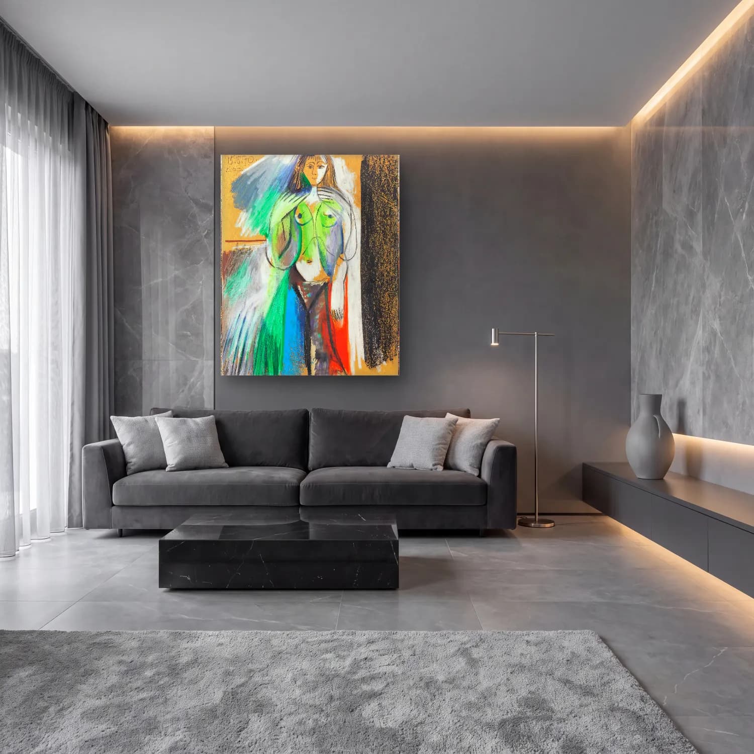 Modern Soyut Figür Çalışması – Pastel Tonlar cam tablo — lüks salon duvarında