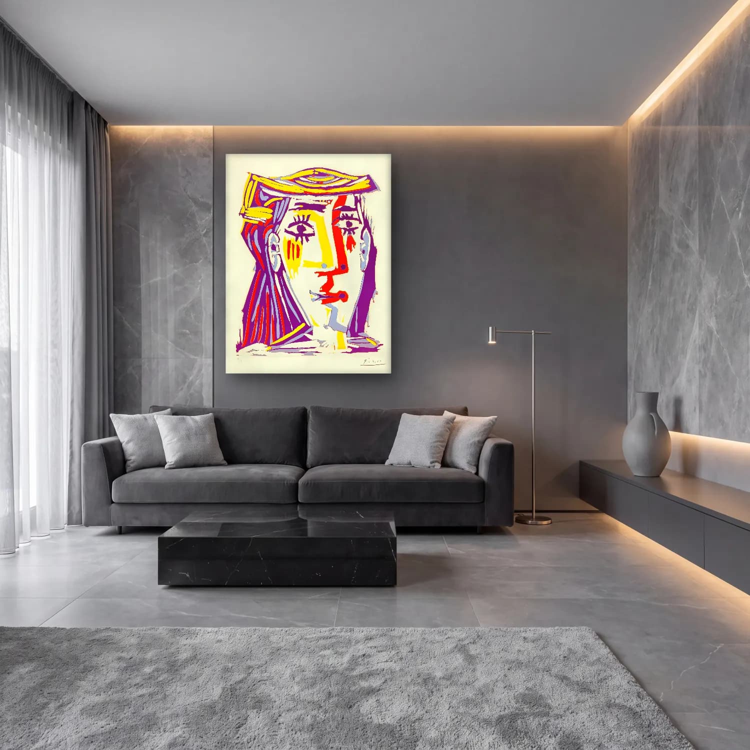 Boho Soyut Yüz – Mor Tonlar cam tablo — lüks salon duvarında