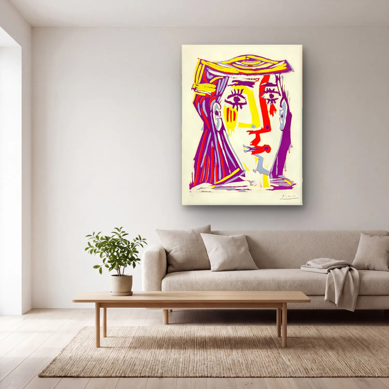 Boho Soyut Yüz – Mor Tonlar cam tablo — açık renk salonda