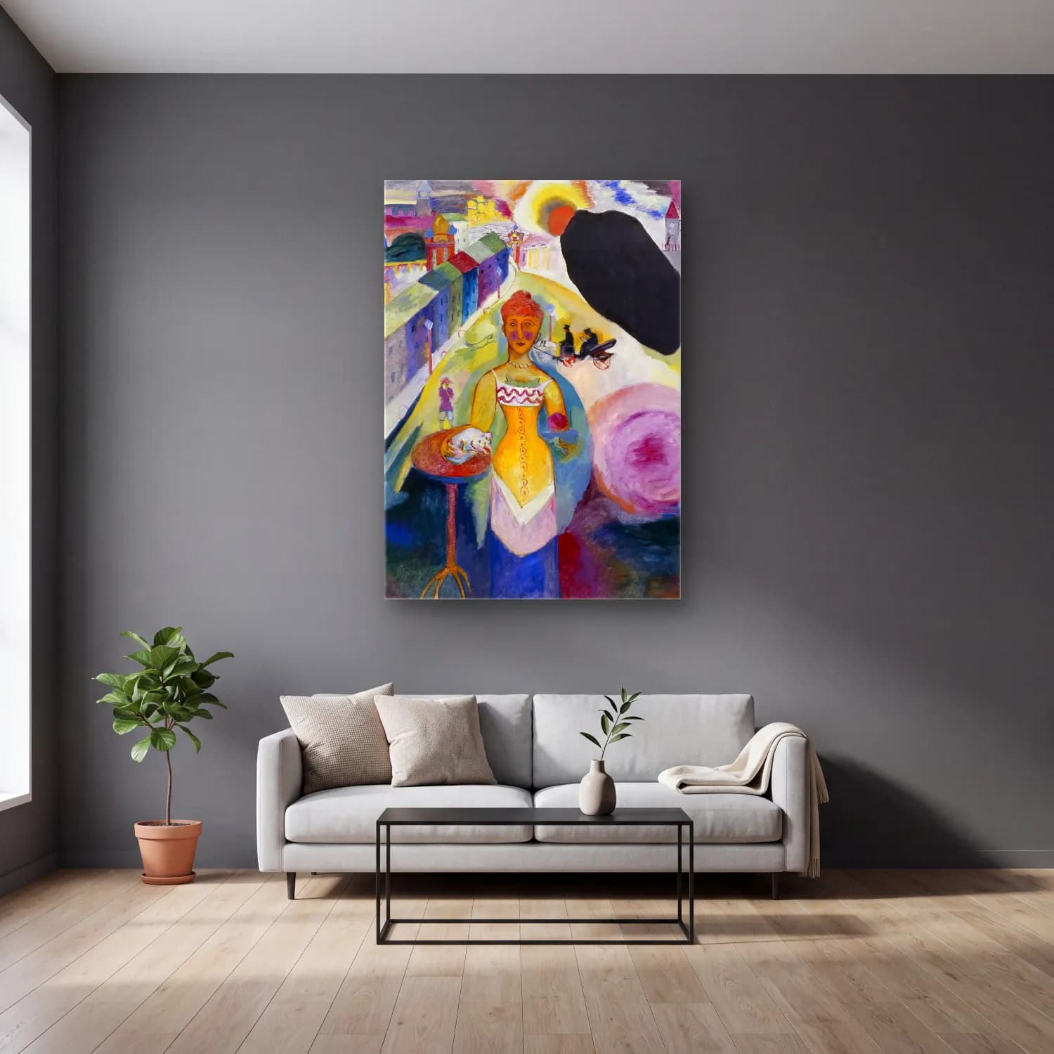 Wassily Kandinsky – Lady in Moscow cam tablo — gri duvarlı salonda