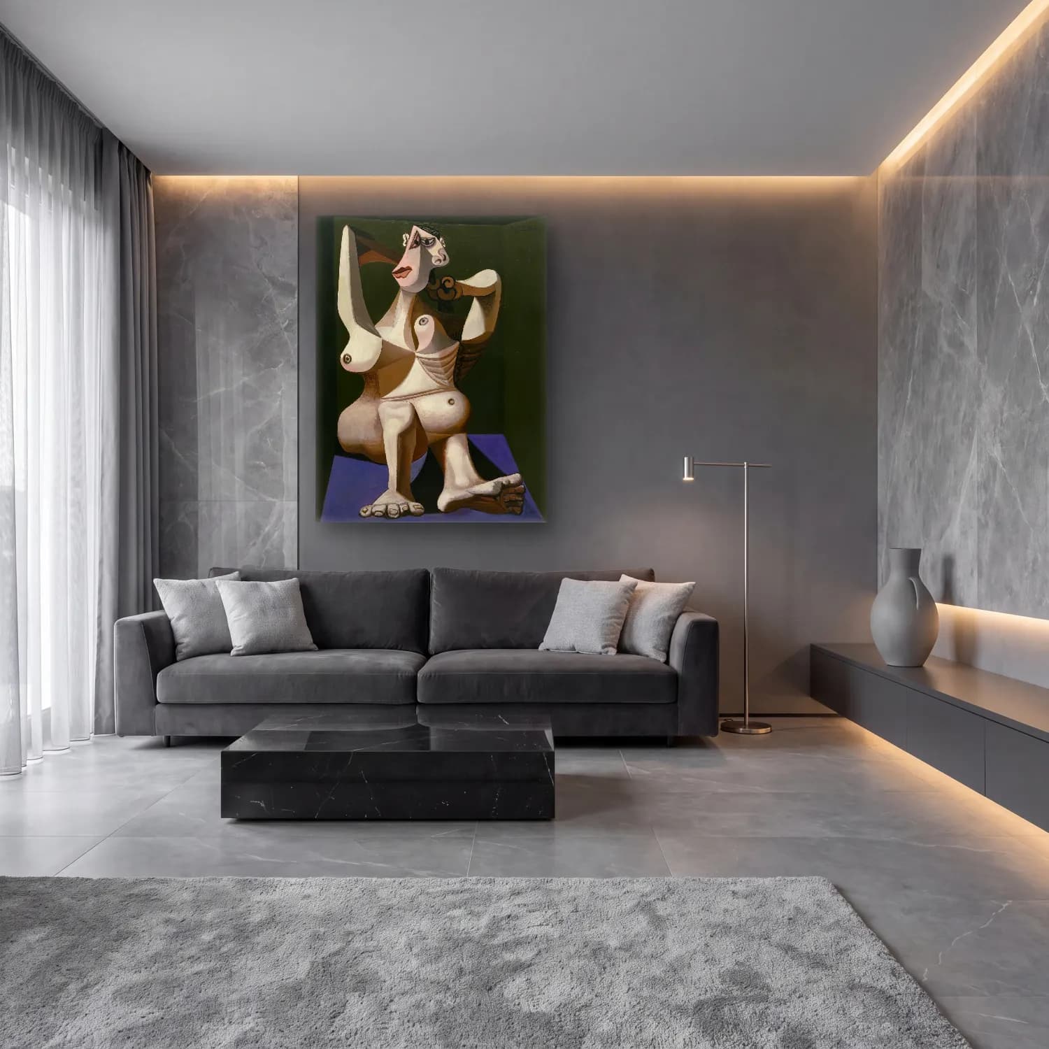 Modern Soyut Figür Çalışması No. 12 cam tablo — lüks salon duvarında