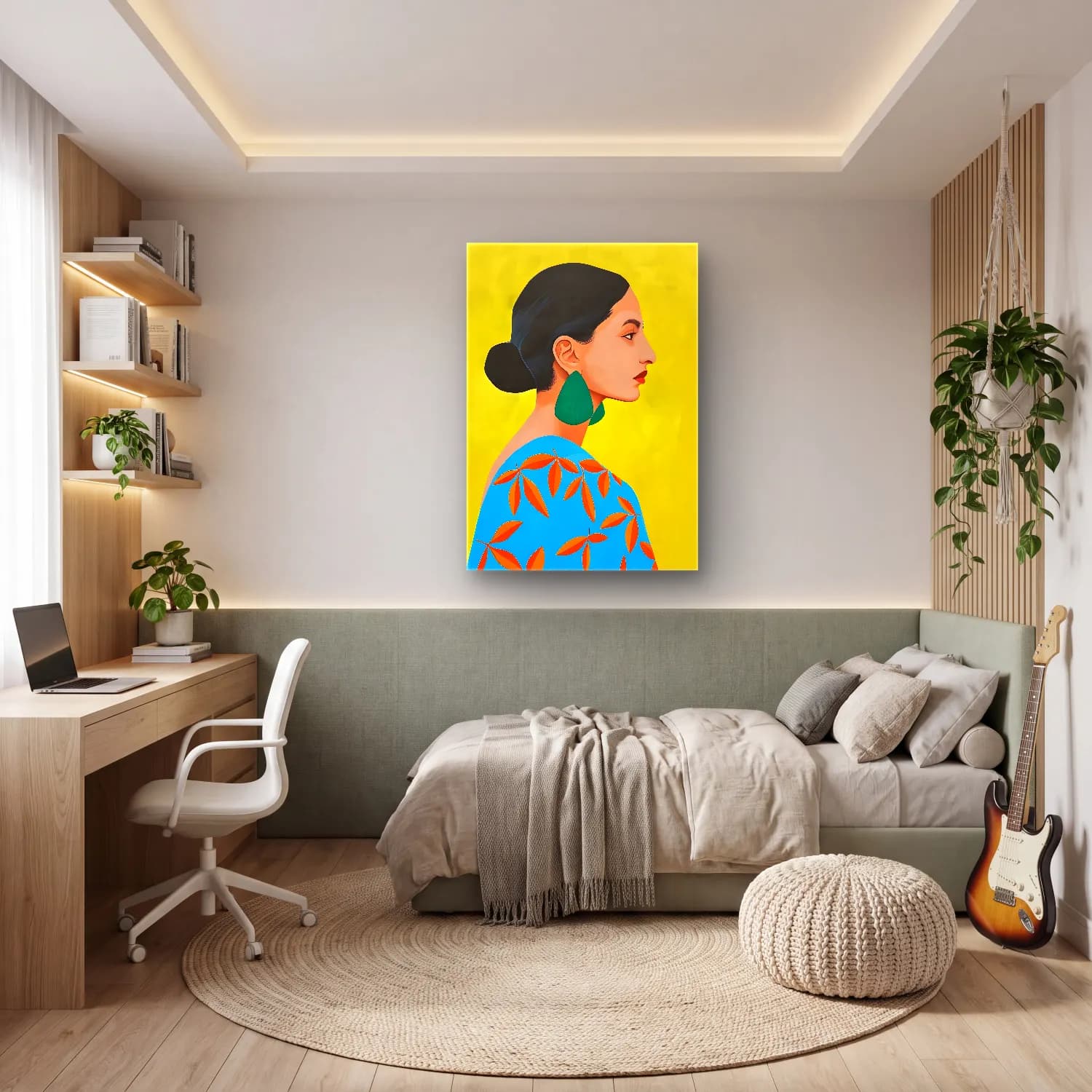 Boho Kadın Portresi – Sarı Tonlar cam tablo — genç odasında