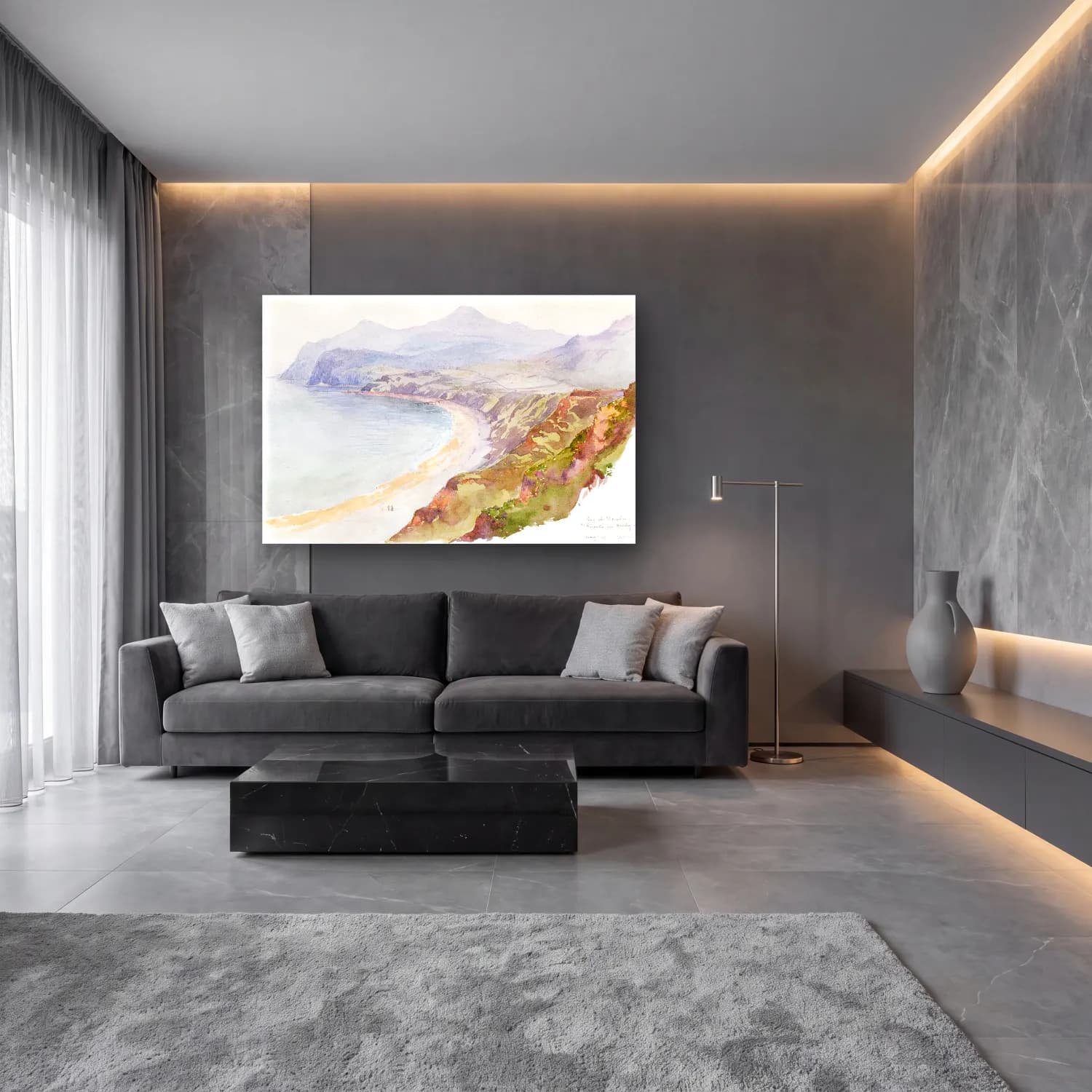 Suluboya Dalgalı Sahil – Pastel Tonlar cam tablo — lüks salon duvarında