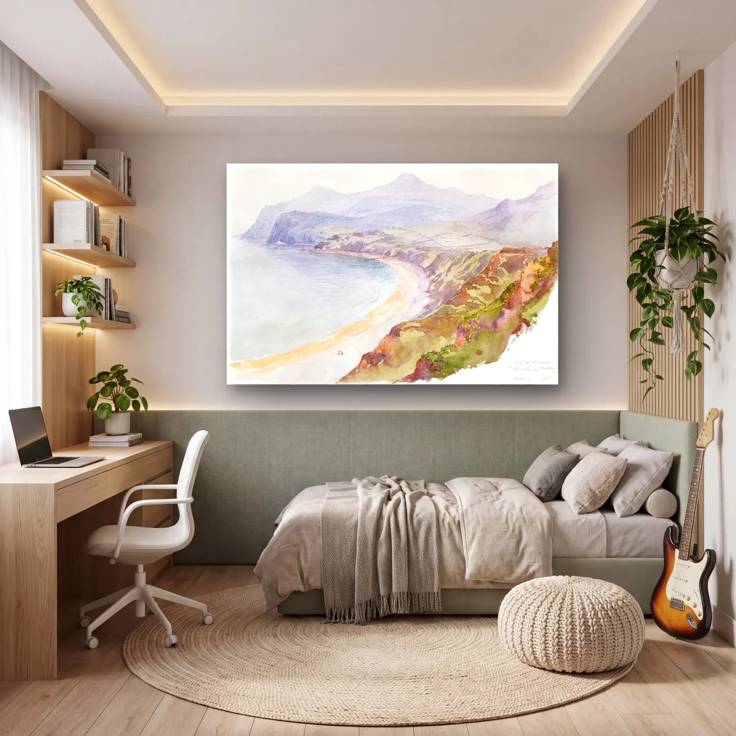 Suluboya Dalgalı Sahil – Pastel Tonlar cam tablo — genç odasında