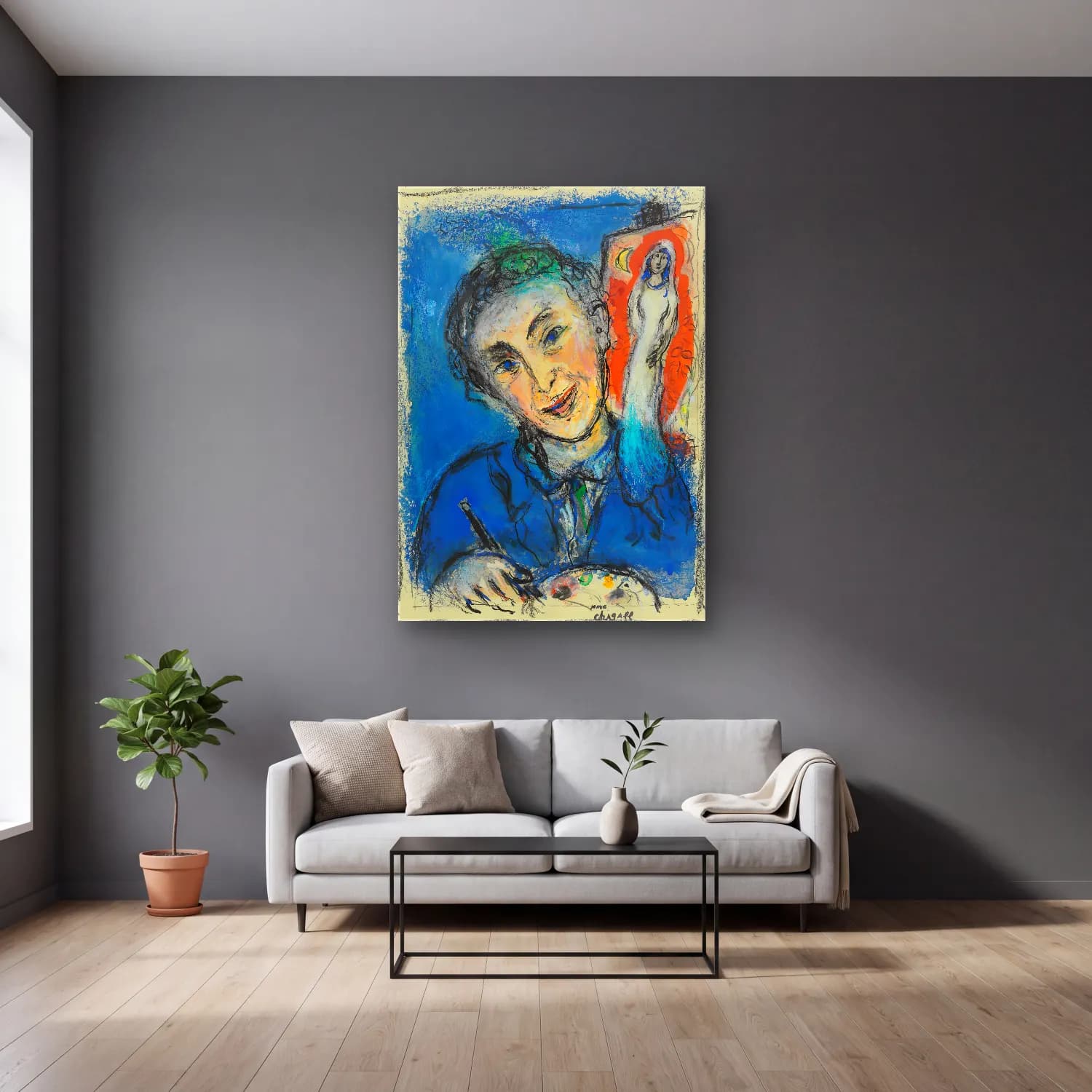 Empresyonist Erkek Portresi No. 11 cam tablo — gri duvarlı salonda
