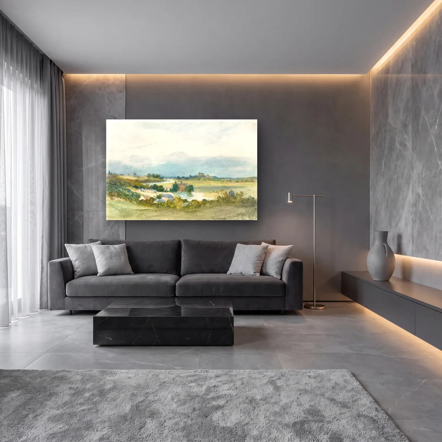 Suluboya Kırda Nehir No. 8 cam tablo — lüks salon duvarında