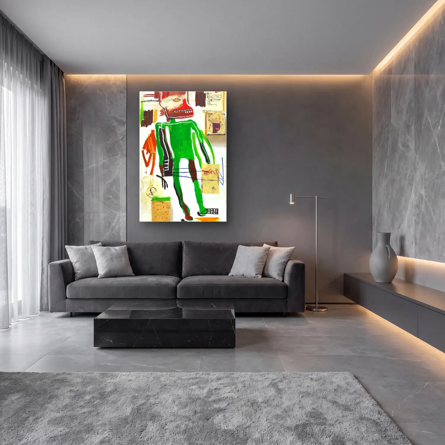 Modern Soyut Erkek Portresi – Yeşil Tonlar cam tablo — lüks salon duvarında
