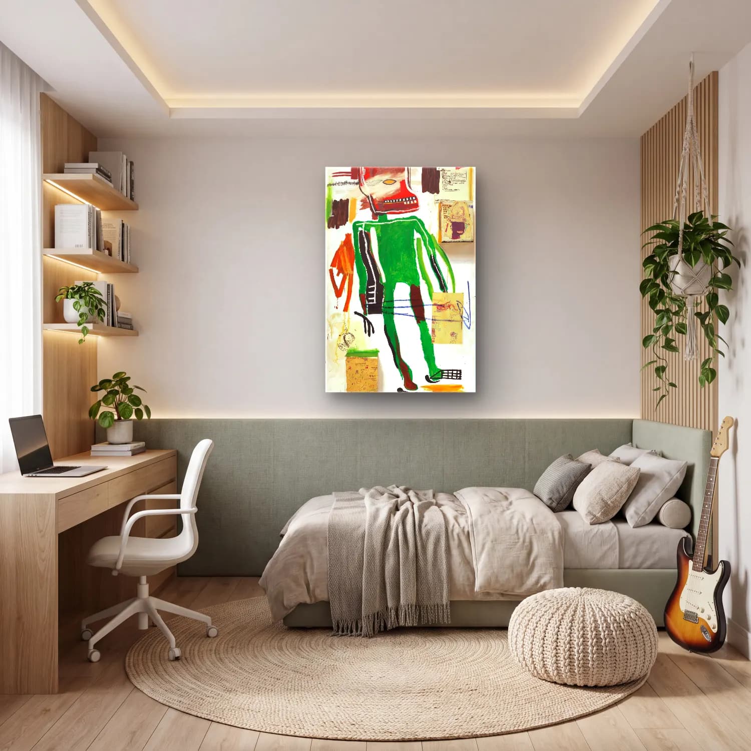 Modern Soyut Erkek Portresi – Yeşil Tonlar cam tablo — genç odasında