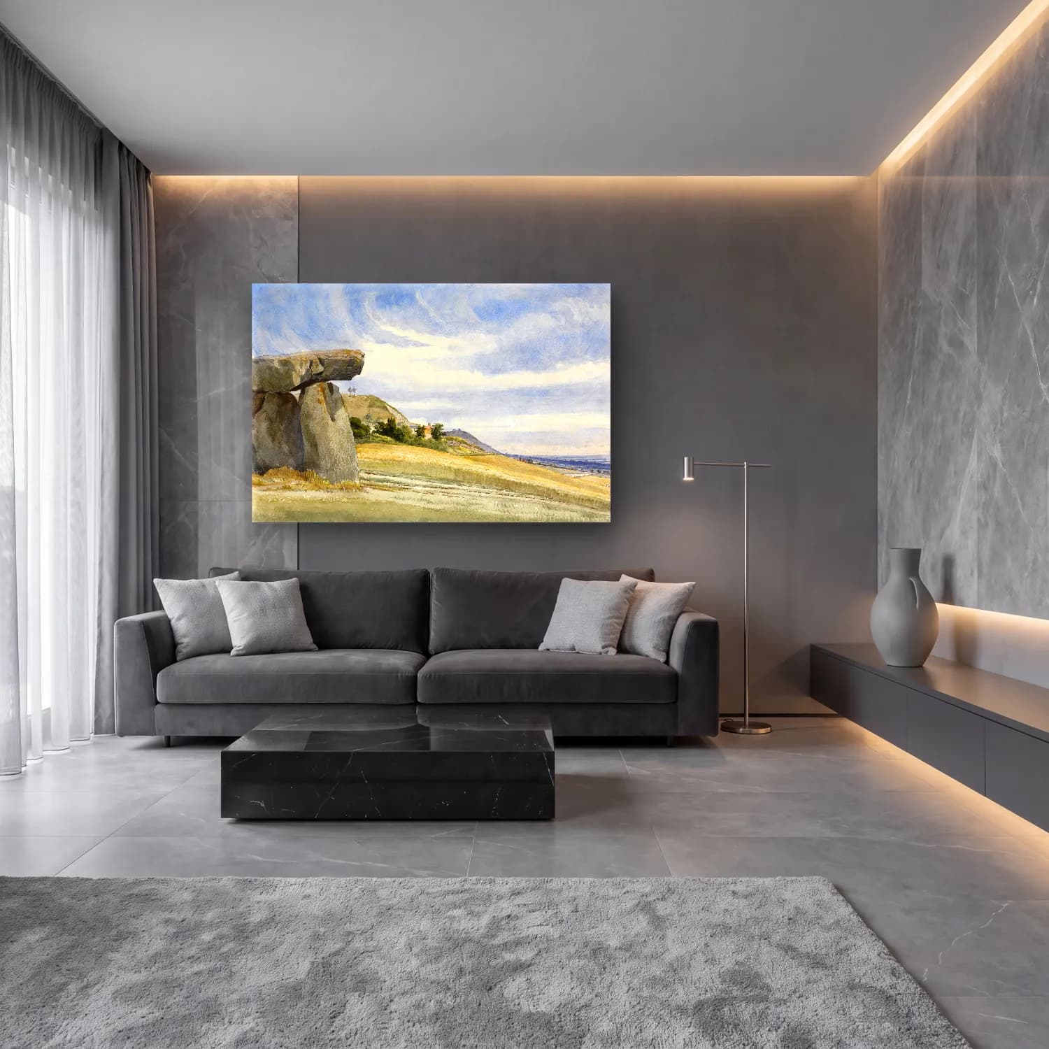 Suluboya Kır Evi No. 42 cam tablo — lüks salon duvarında