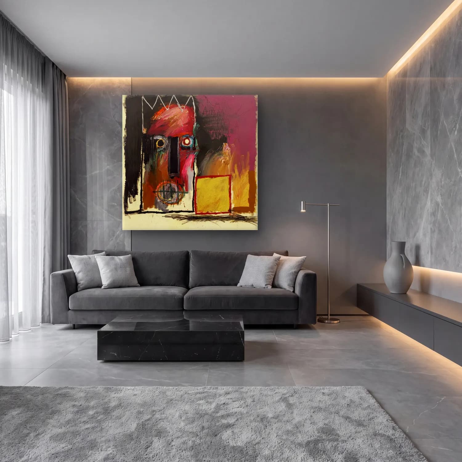 Modern Soyut Yüz No. 29 cam tablo — lüks salon duvarında