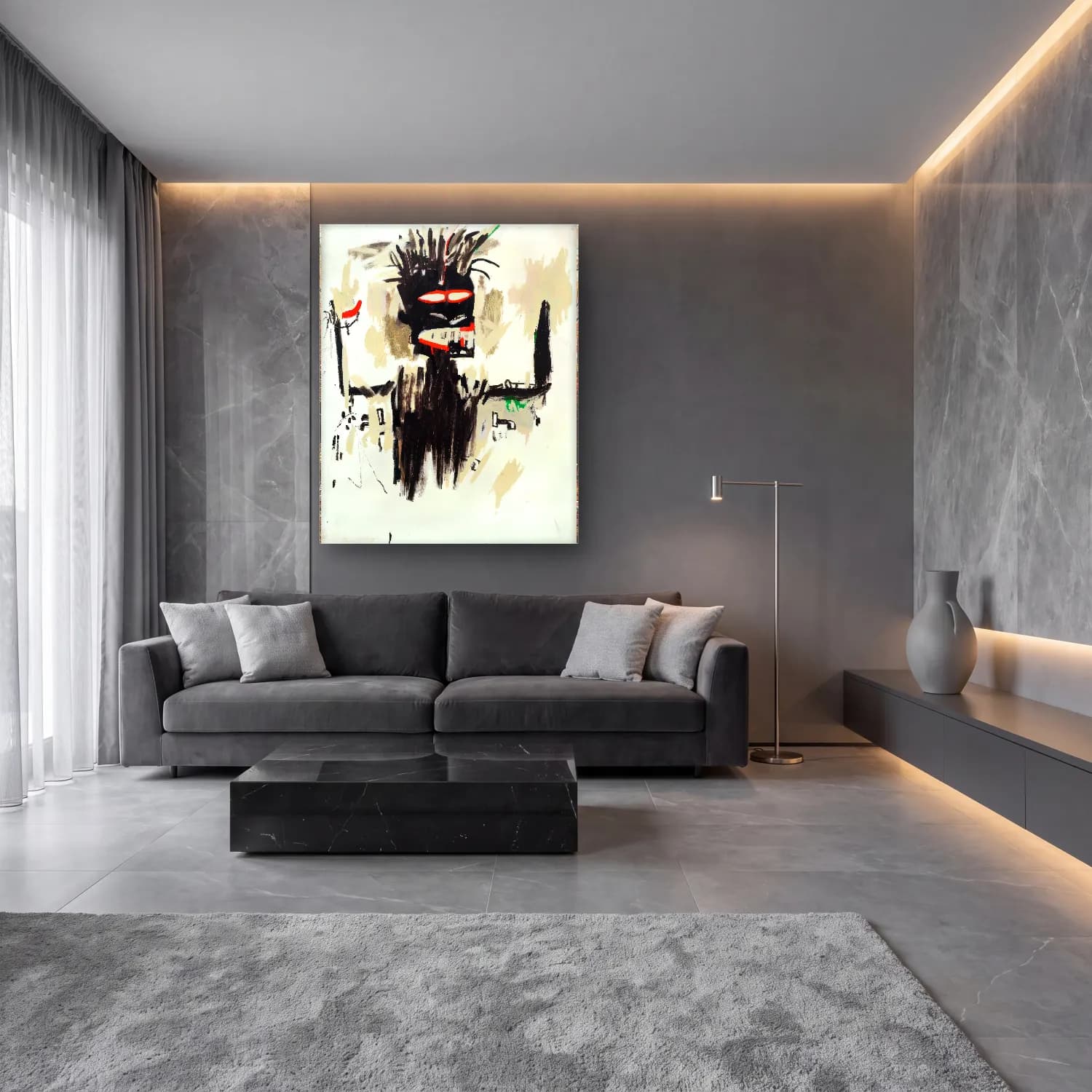 Modern Soyut Yüz No. 32 cam tablo — lüks salon duvarında