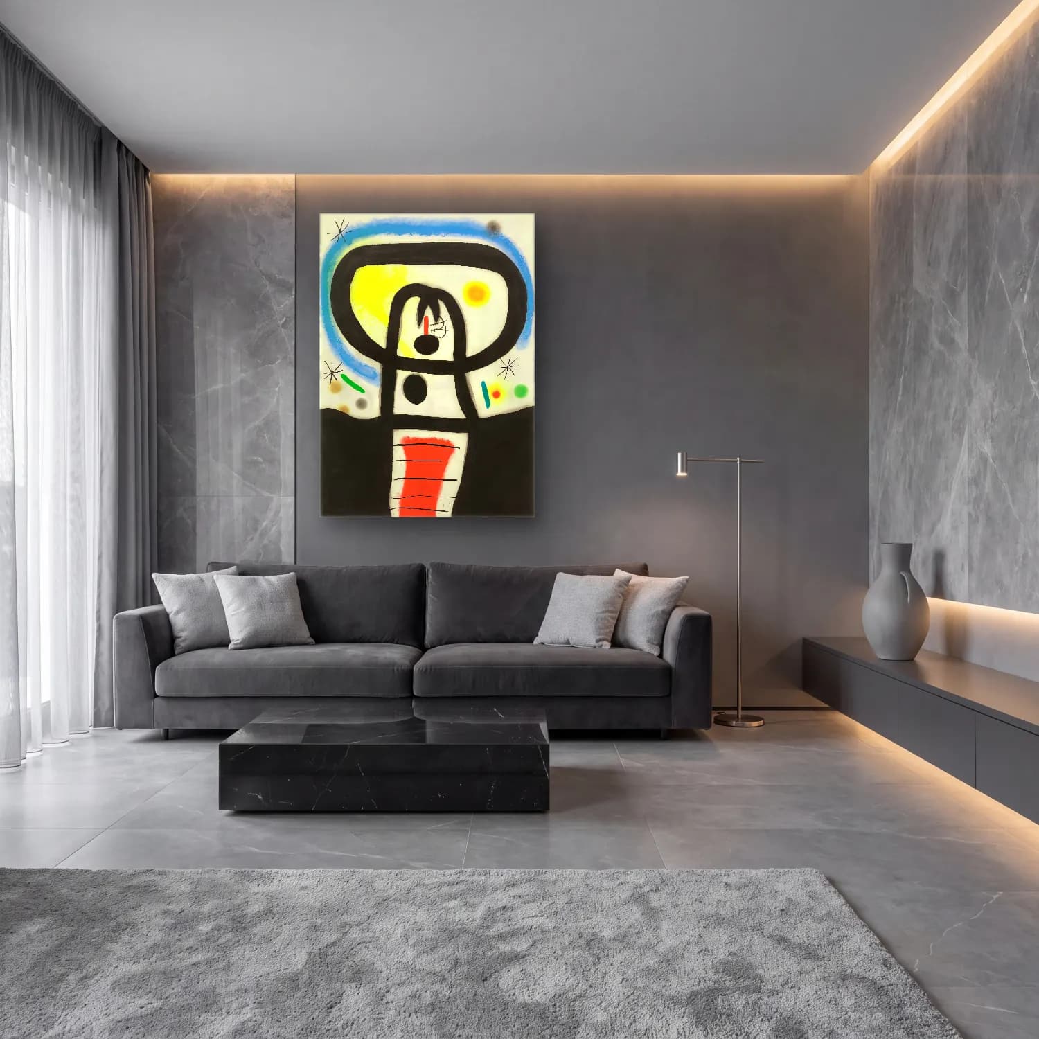 Modern Soyut Yüz No. 33 cam tablo — lüks salon duvarında
