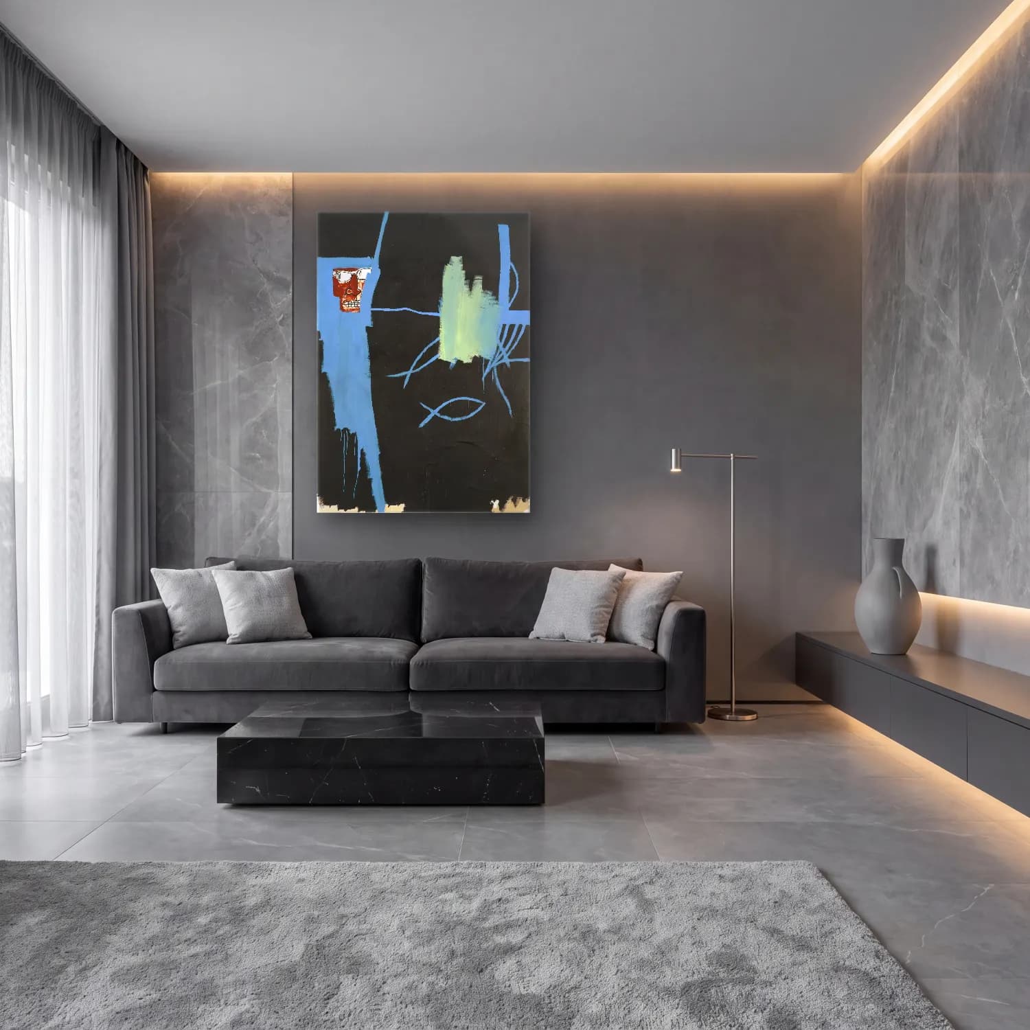 Modern Soyut Yüz No. 37 cam tablo — lüks salon duvarında