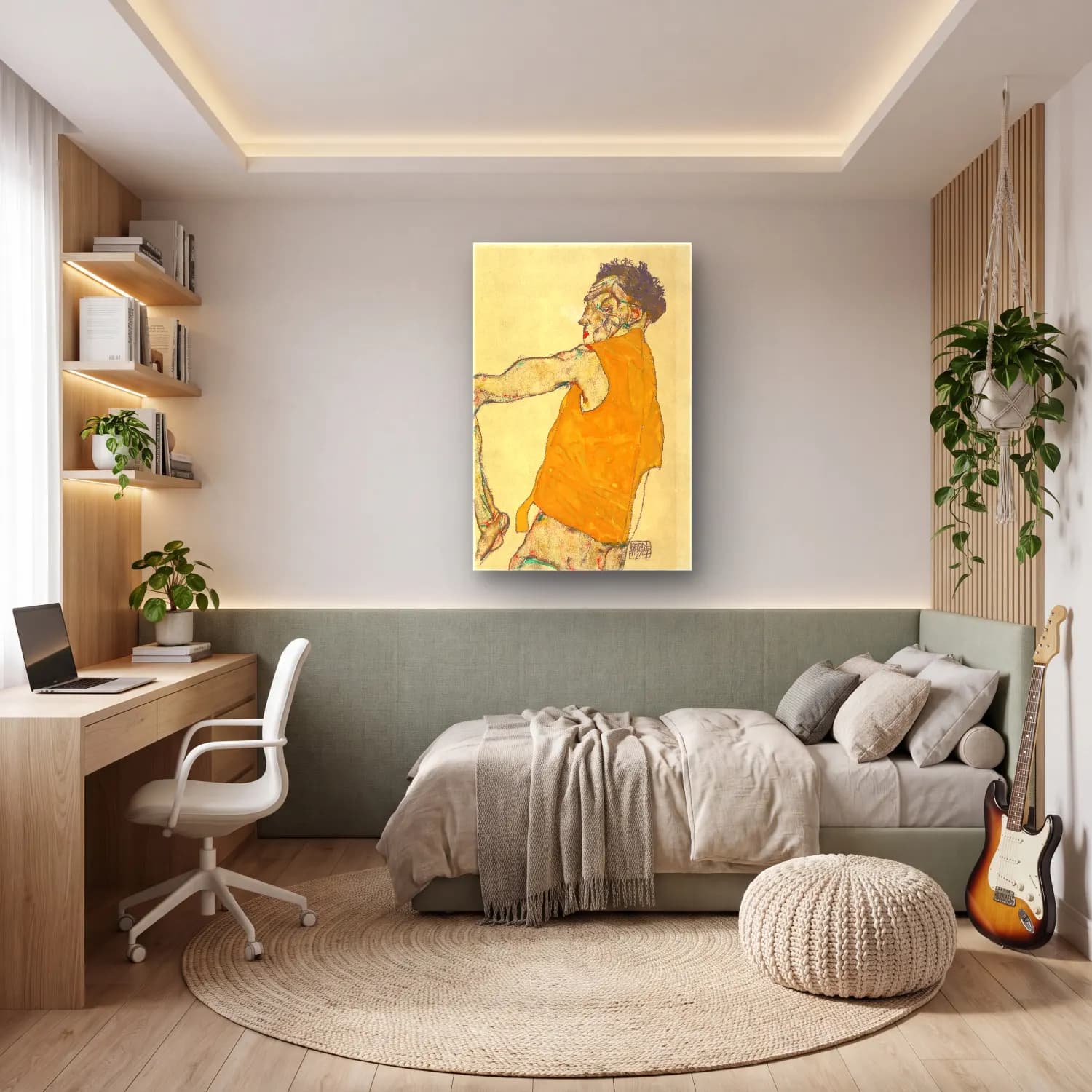 Suluboya Erkek Portresi – Sarı Tonlar cam tablo — genç odasında
