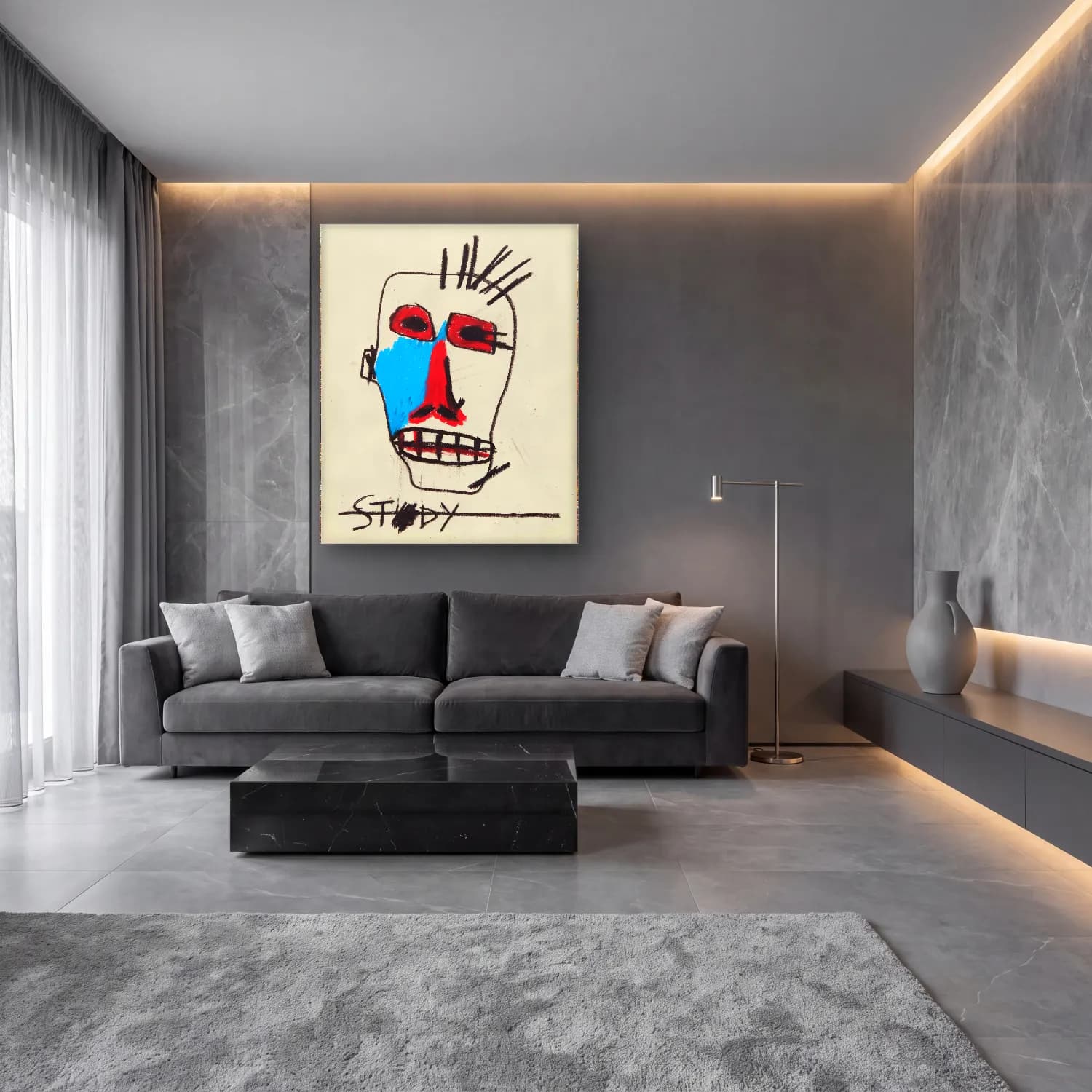 Pop Art Soyut Yüz – Mavi Tonlar cam tablo — lüks salon duvarında