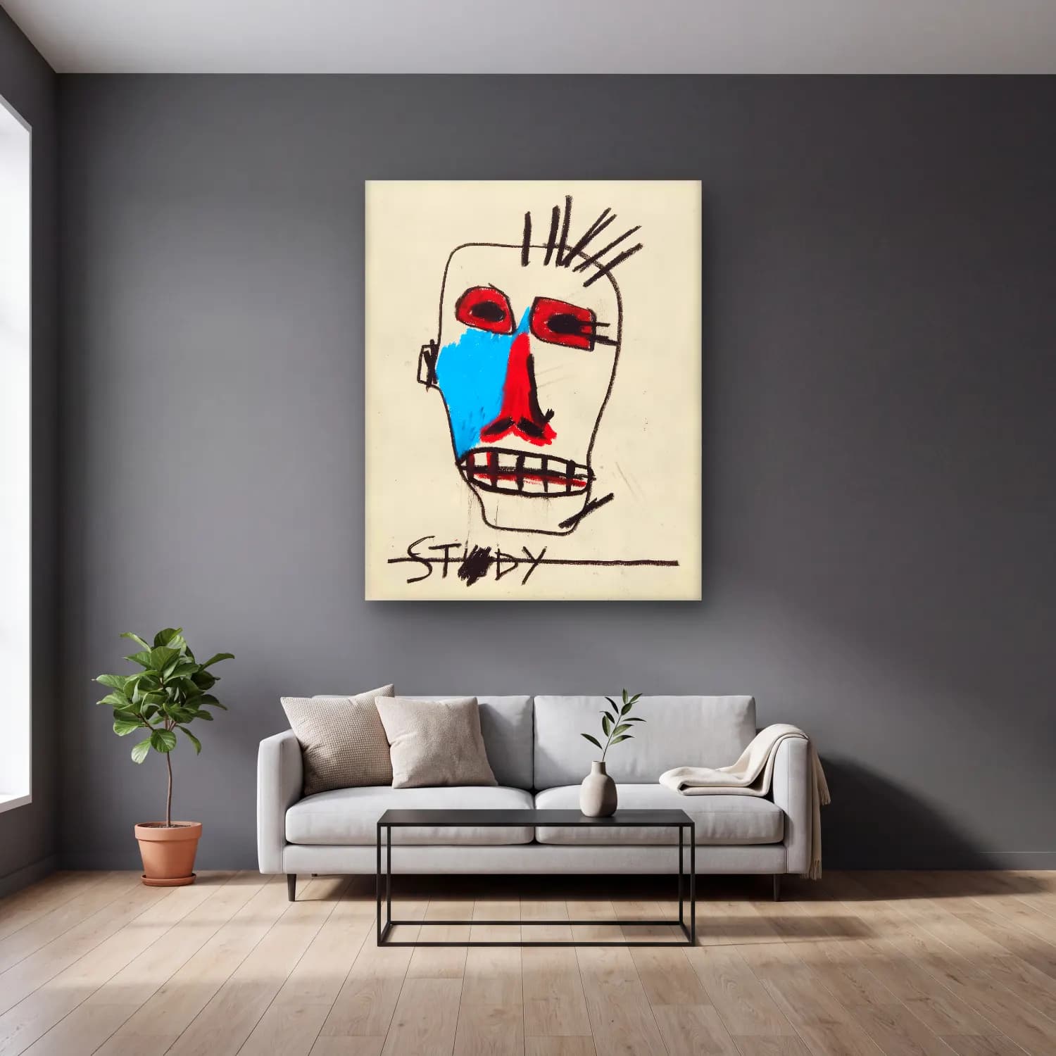 Pop Art Soyut Yüz – Mavi Tonlar cam tablo — gri duvarlı salonda