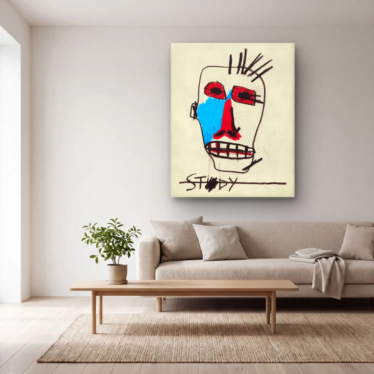 Pop Art Soyut Yüz – Mavi Tonlar cam tablo — açık renk salonda