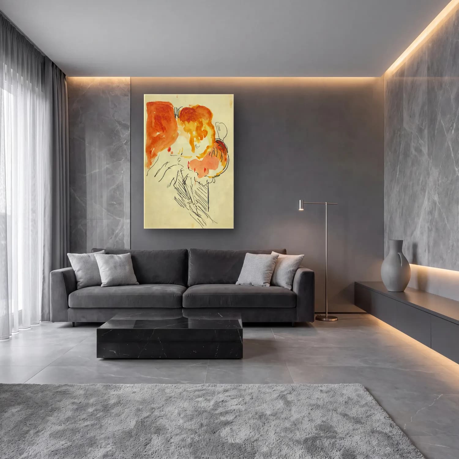 Suluboya Anne ve Çocuk – Turuncu Tonlar cam tablo — lüks salon duvarında