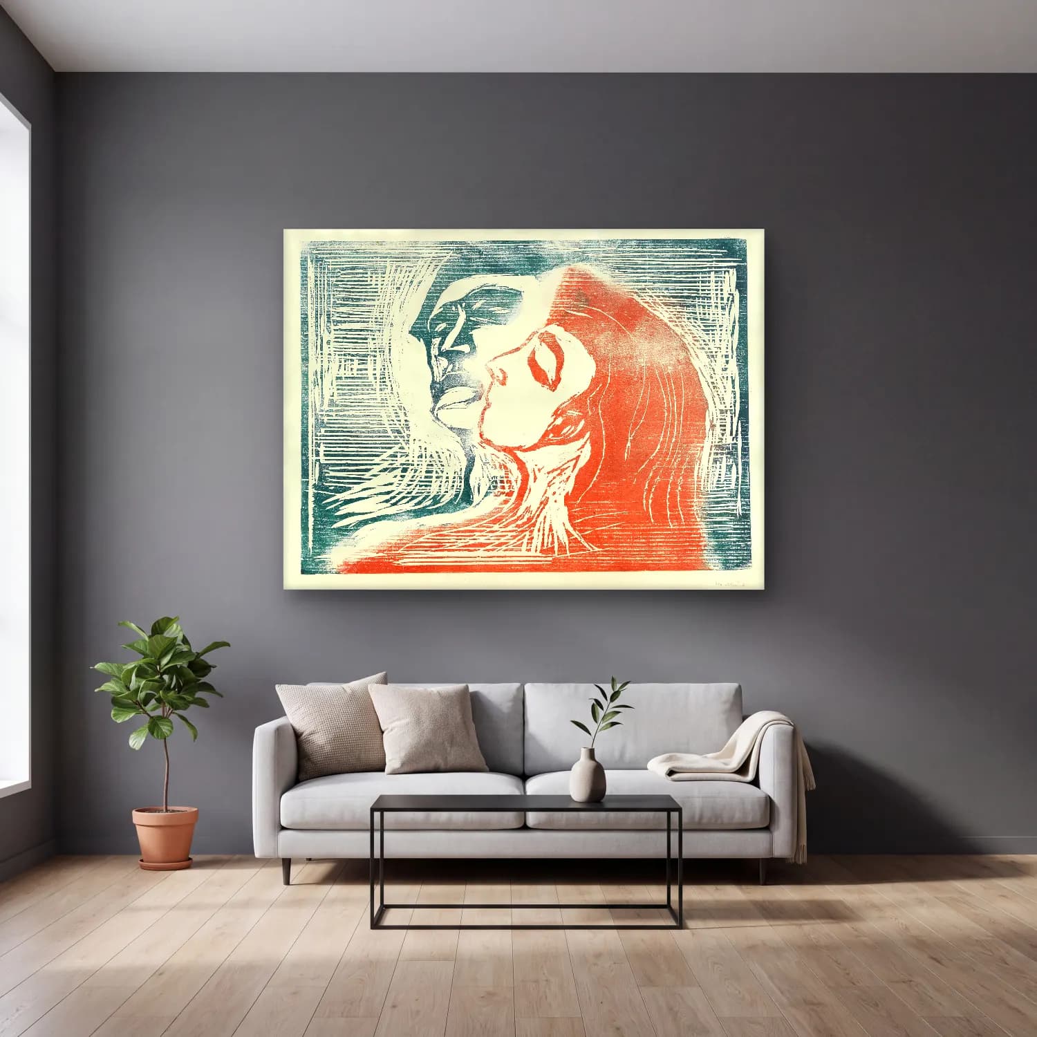 Vintage Poster Kadın Portresi No. 29 cam tablo — gri duvarlı salonda