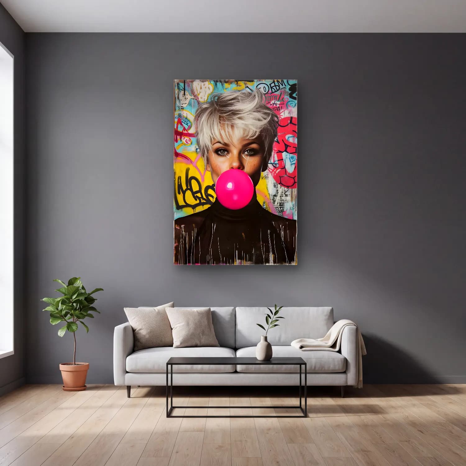 Pop Art Moda İllüstrasyonu No. 7 cam tablo — gri duvarlı salonda