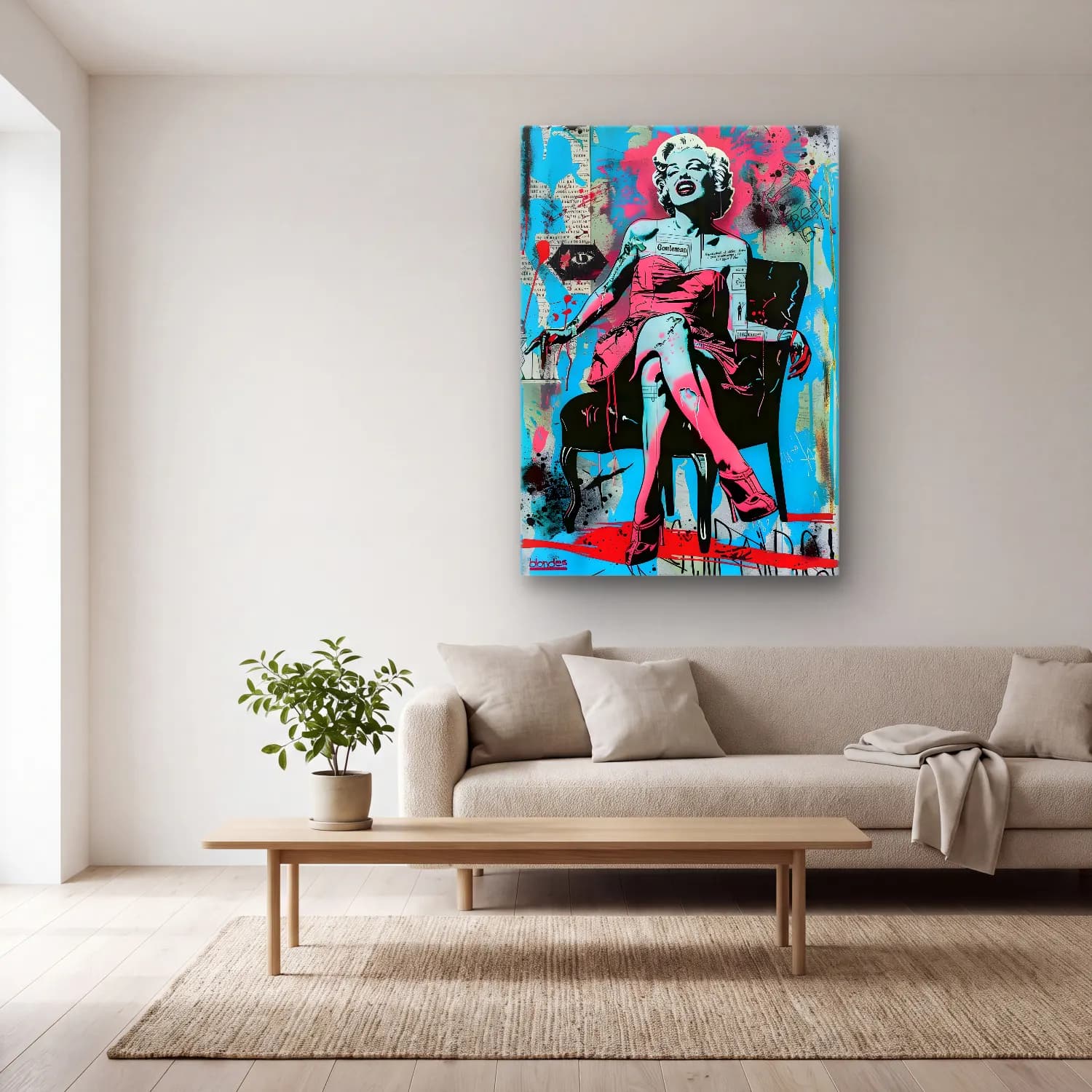 Pop Art Elbiseli Kadın cam tablo — açık renk salonda