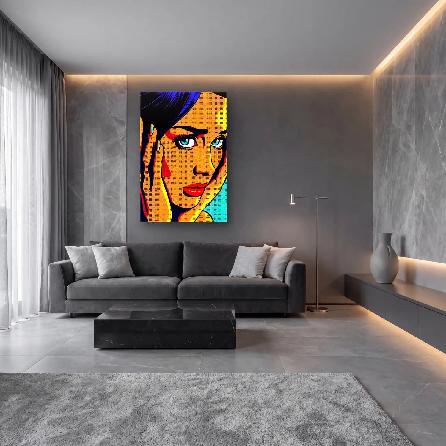 Pop Art Kadın Portresi No. 17 cam tablo — lüks salon duvarında