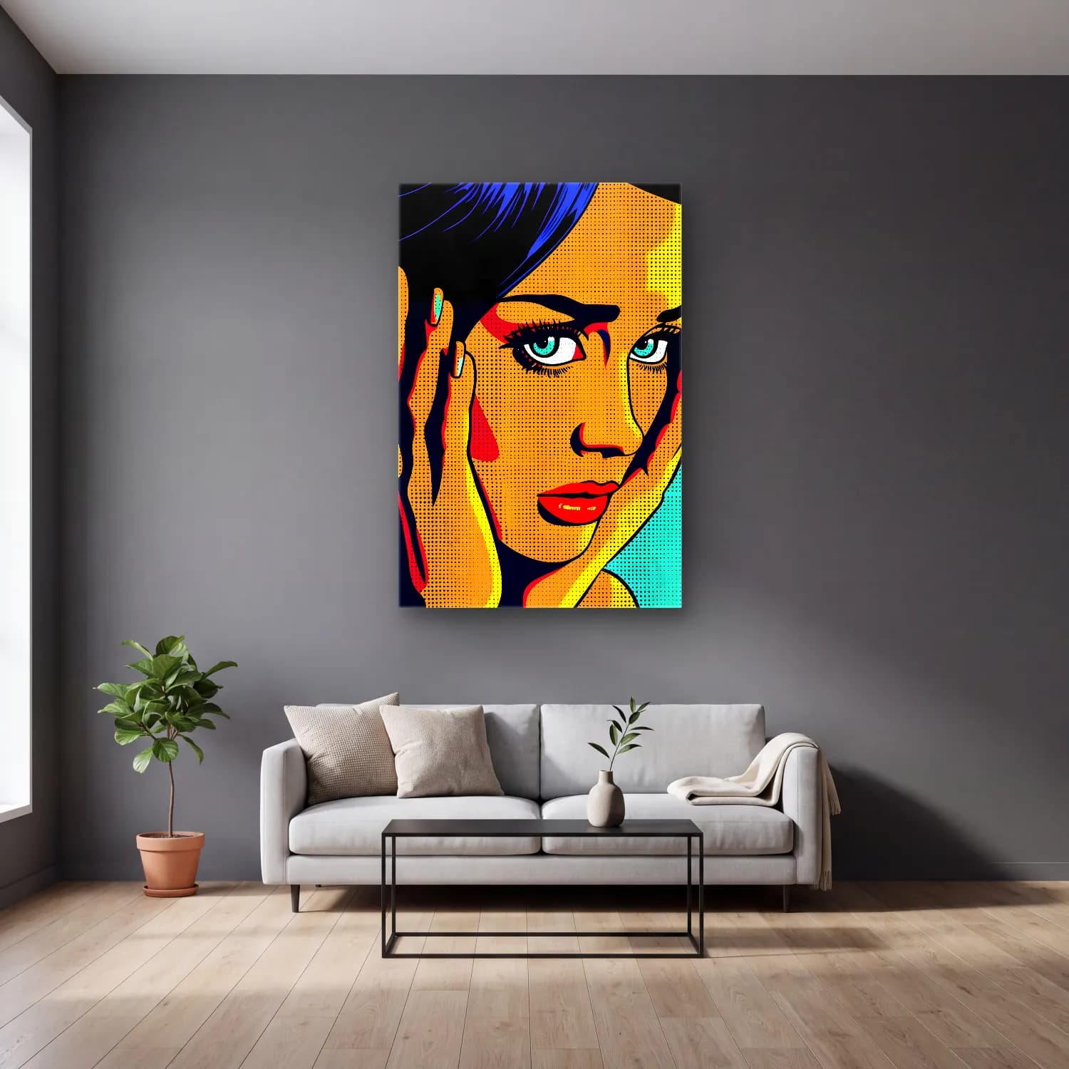 Pop Art Kadın Portresi No. 17 cam tablo — gri duvarlı salonda