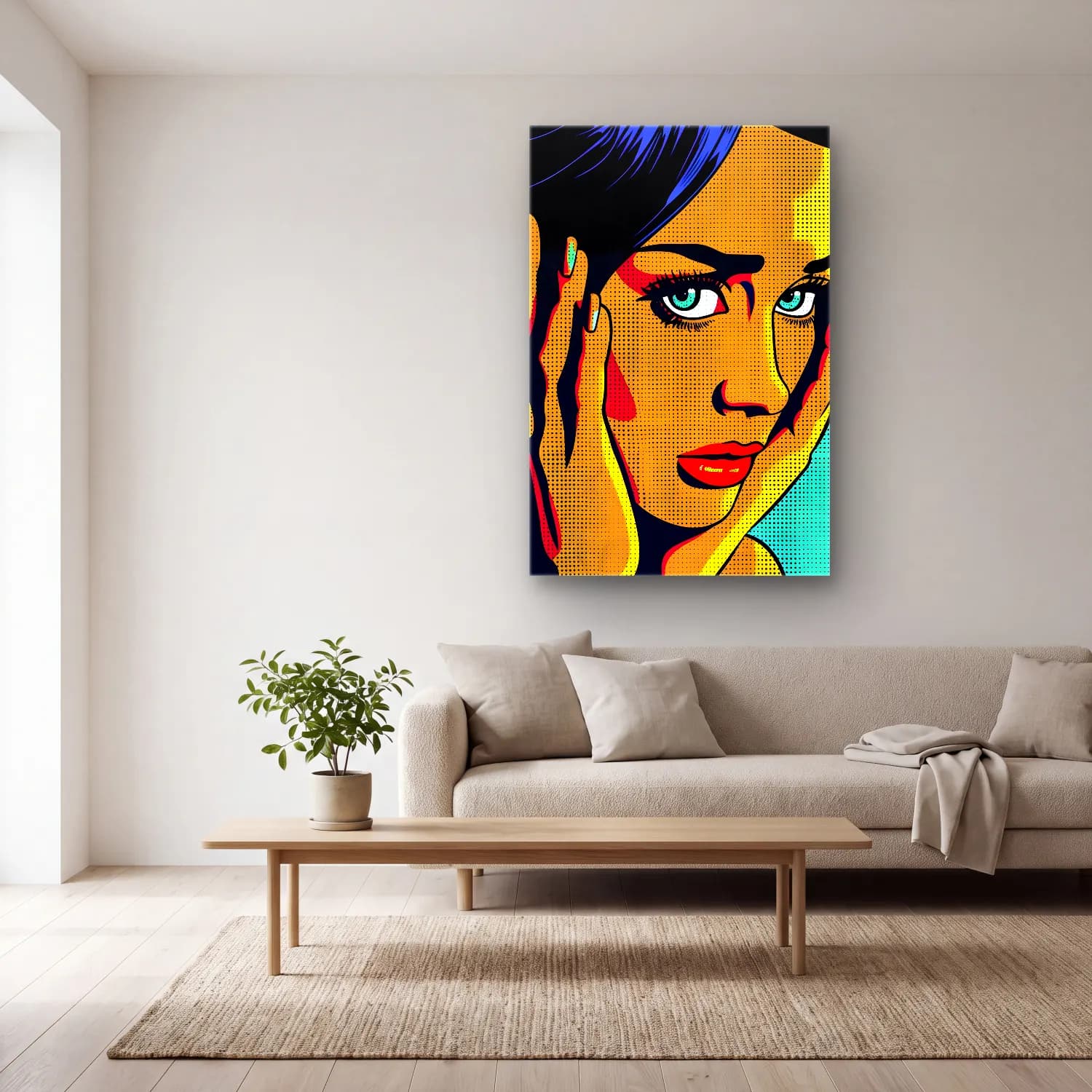 Pop Art Kadın Portresi No. 17 cam tablo — açık renk salonda