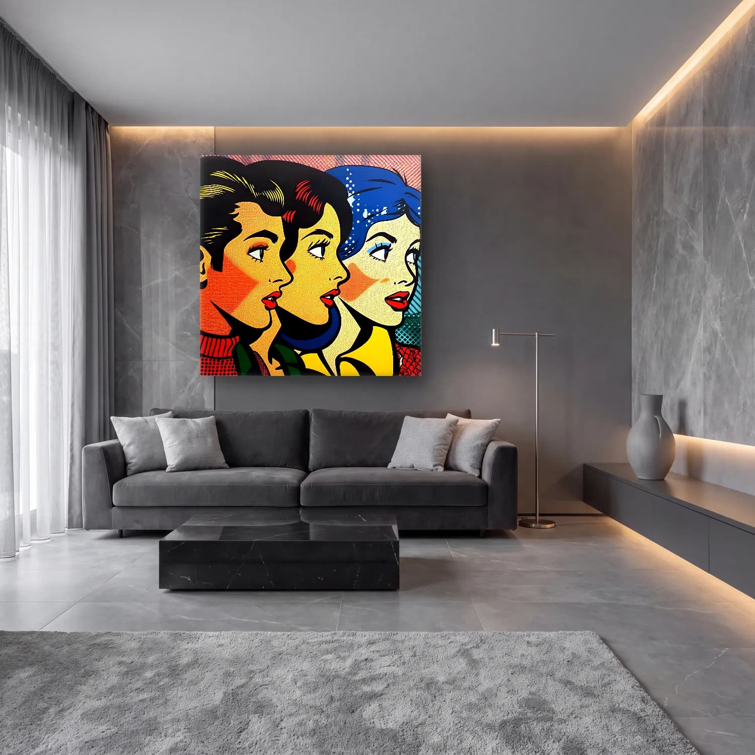 Pop Art Kadın Portresi No. 18 cam tablo — lüks salon duvarında
