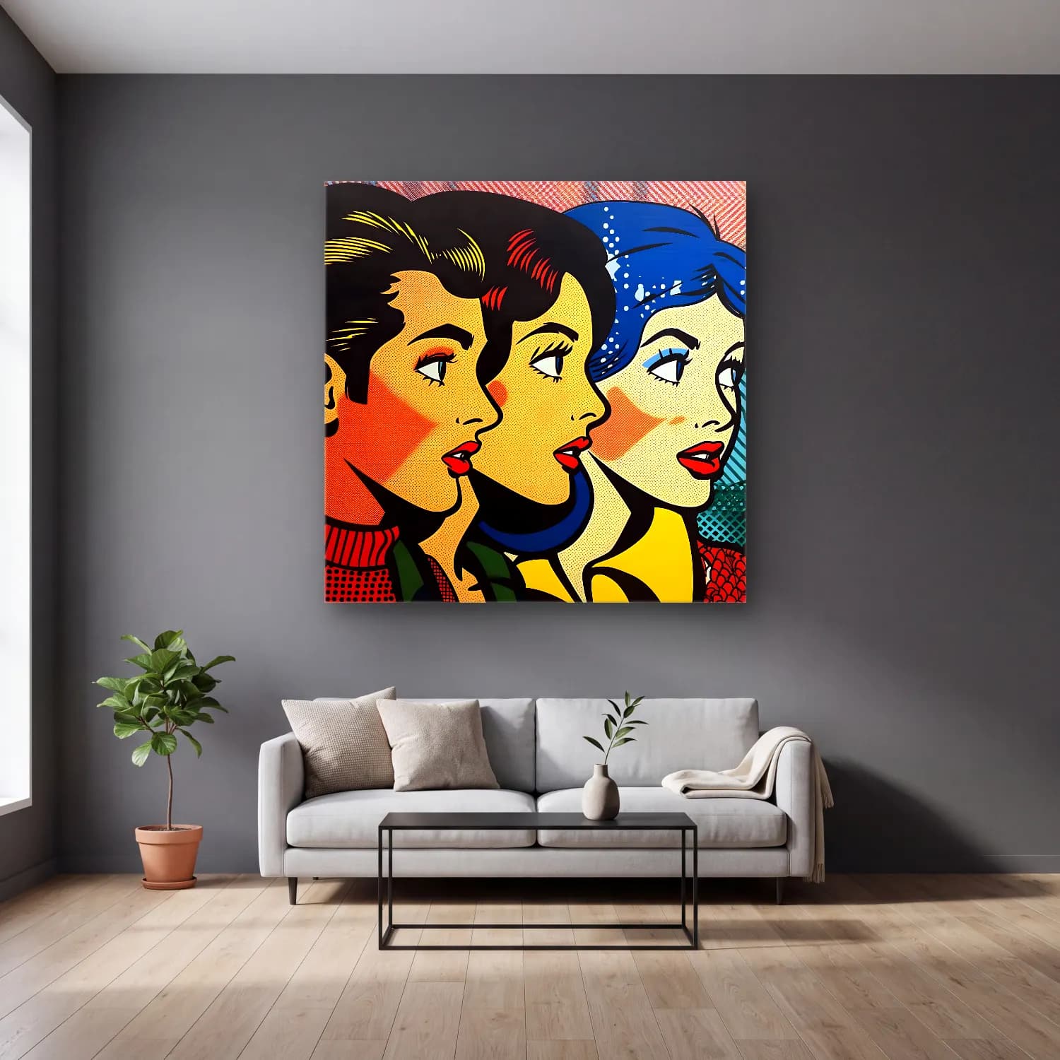 Pop Art Kadın Portresi No. 18 cam tablo — gri duvarlı salonda