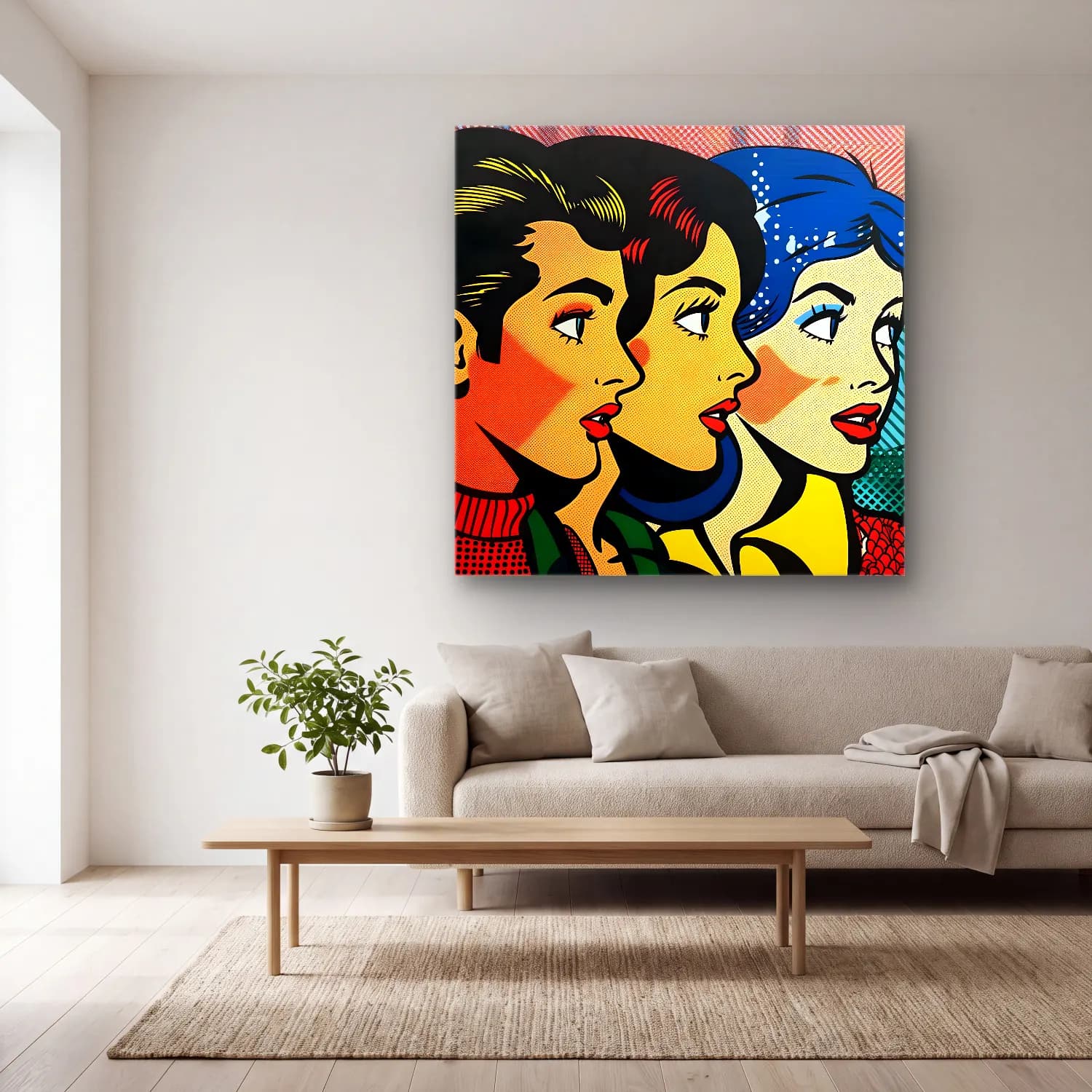 Pop Art Kadın Portresi No. 18 cam tablo — açık renk salonda
