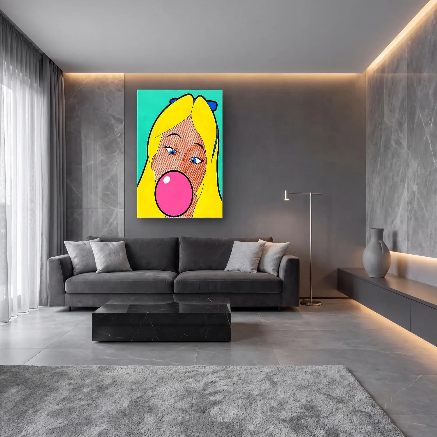 Pop Art Kız Çocuğu Portresi No. 2 cam tablo — lüks salon duvarında