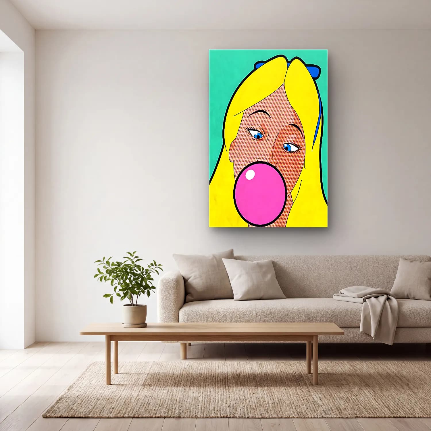 Pop Art Kız Çocuğu Portresi No. 2 cam tablo — açık renk salonda
