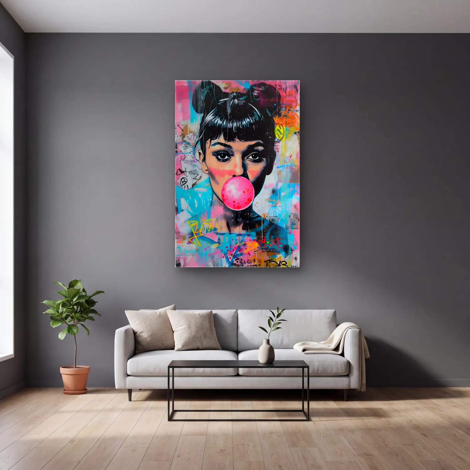 Pop Art Kız Çocuğu Portresi No. 4 cam tablo — gri duvarlı salonda