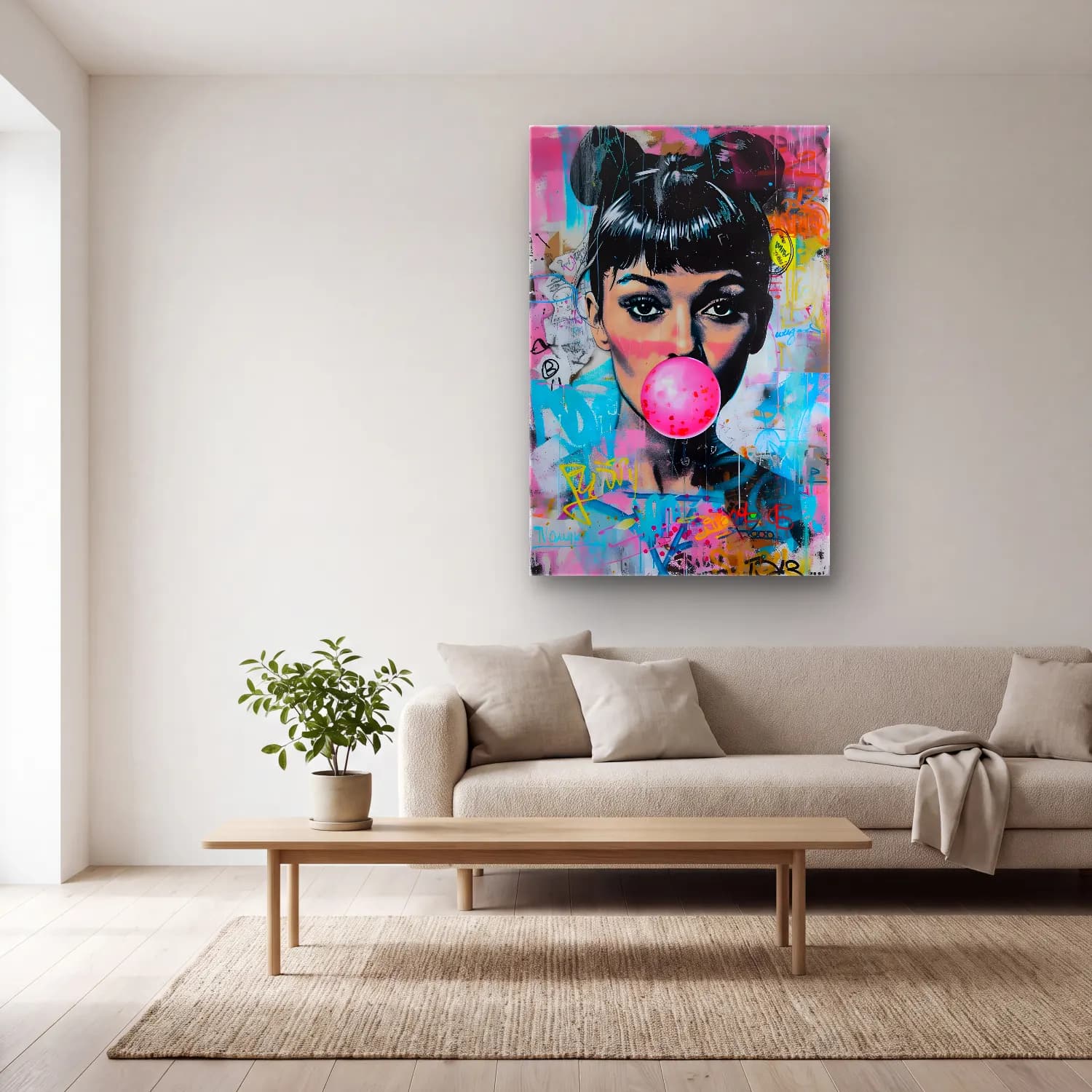 Pop Art Kız Çocuğu Portresi No. 4 cam tablo — açık renk salonda