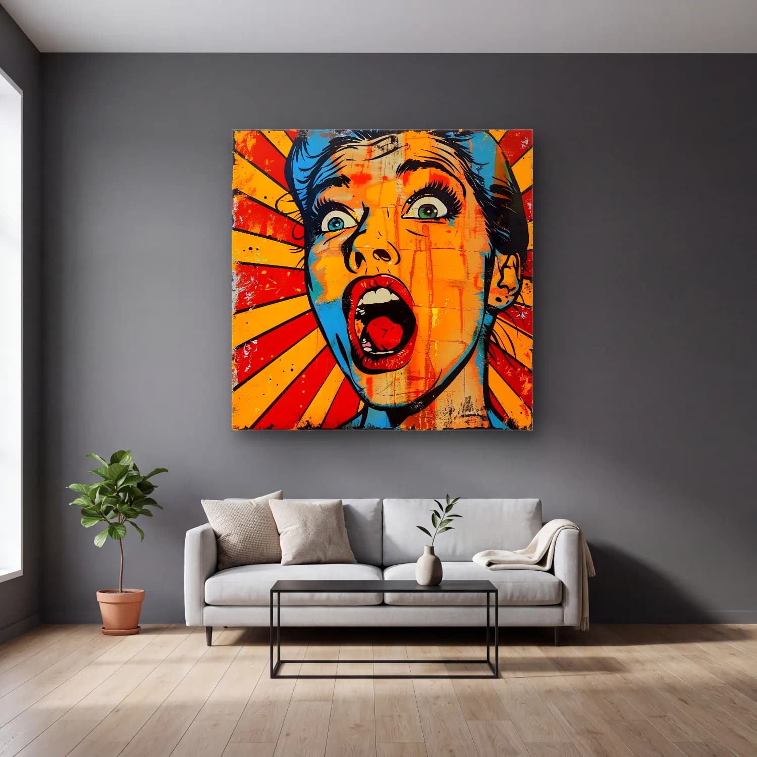 Pop Art Soyut Yüz No. 6 cam tablo — gri duvarlı salonda