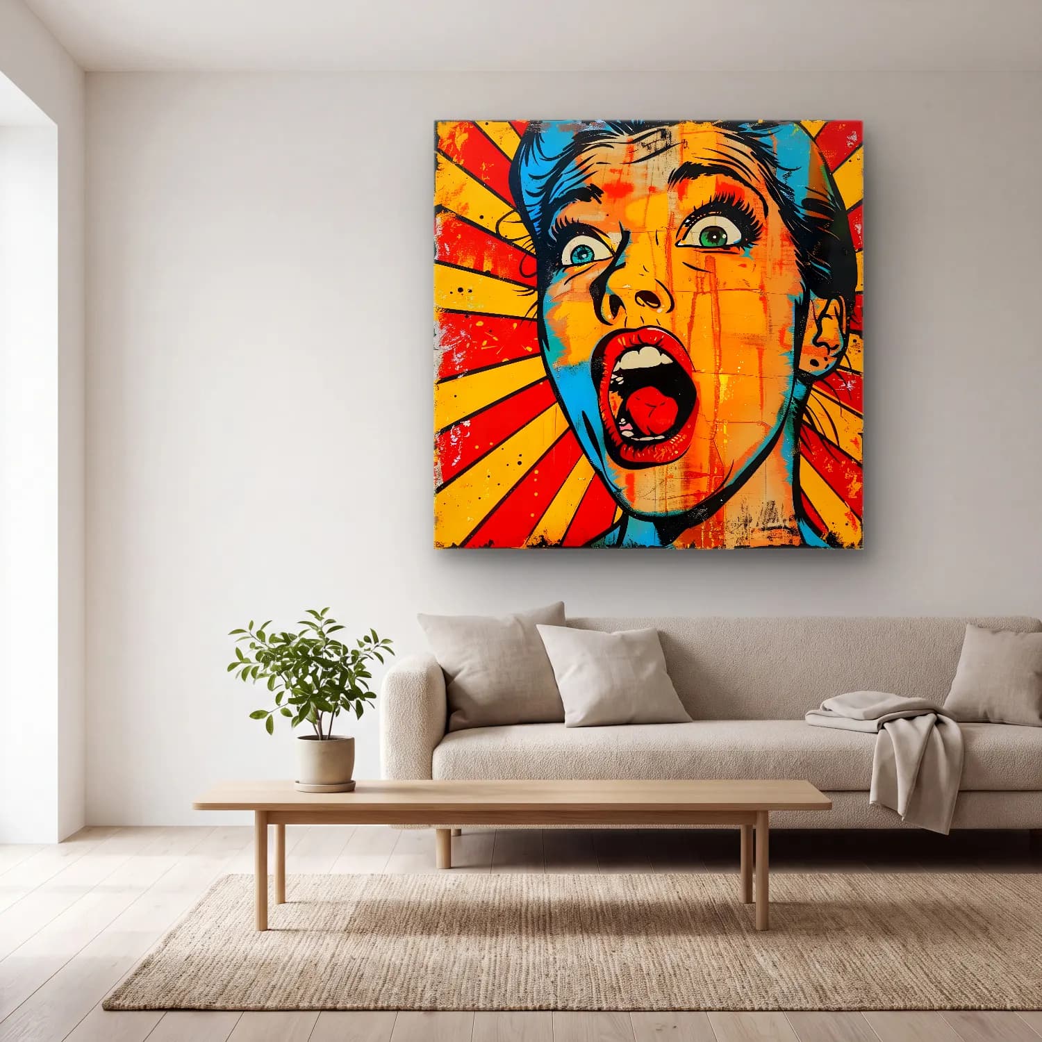 Pop Art Soyut Yüz No. 6 cam tablo — açık renk salonda