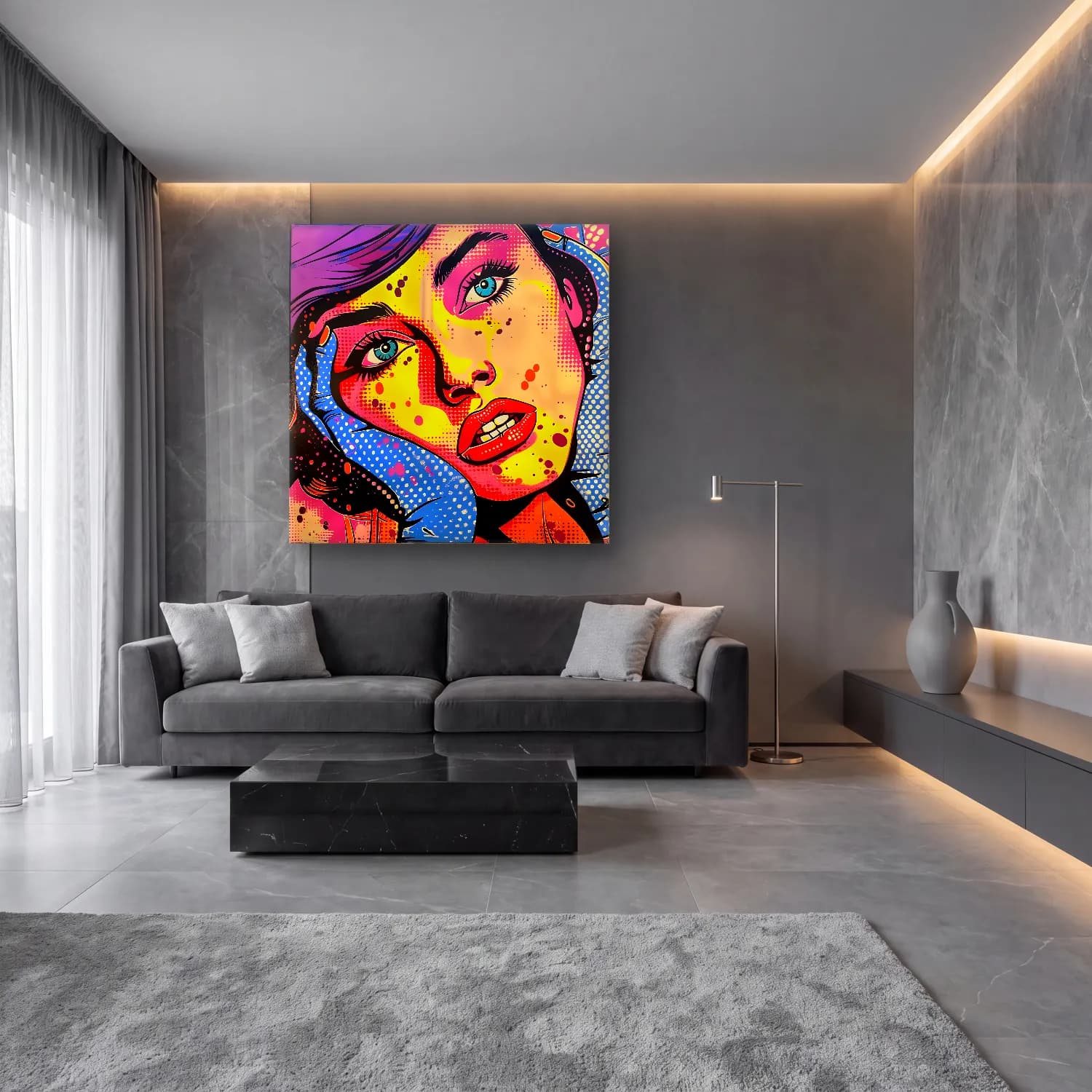 Pop Art Kadın Portresi No. 22 cam tablo — lüks salon duvarında