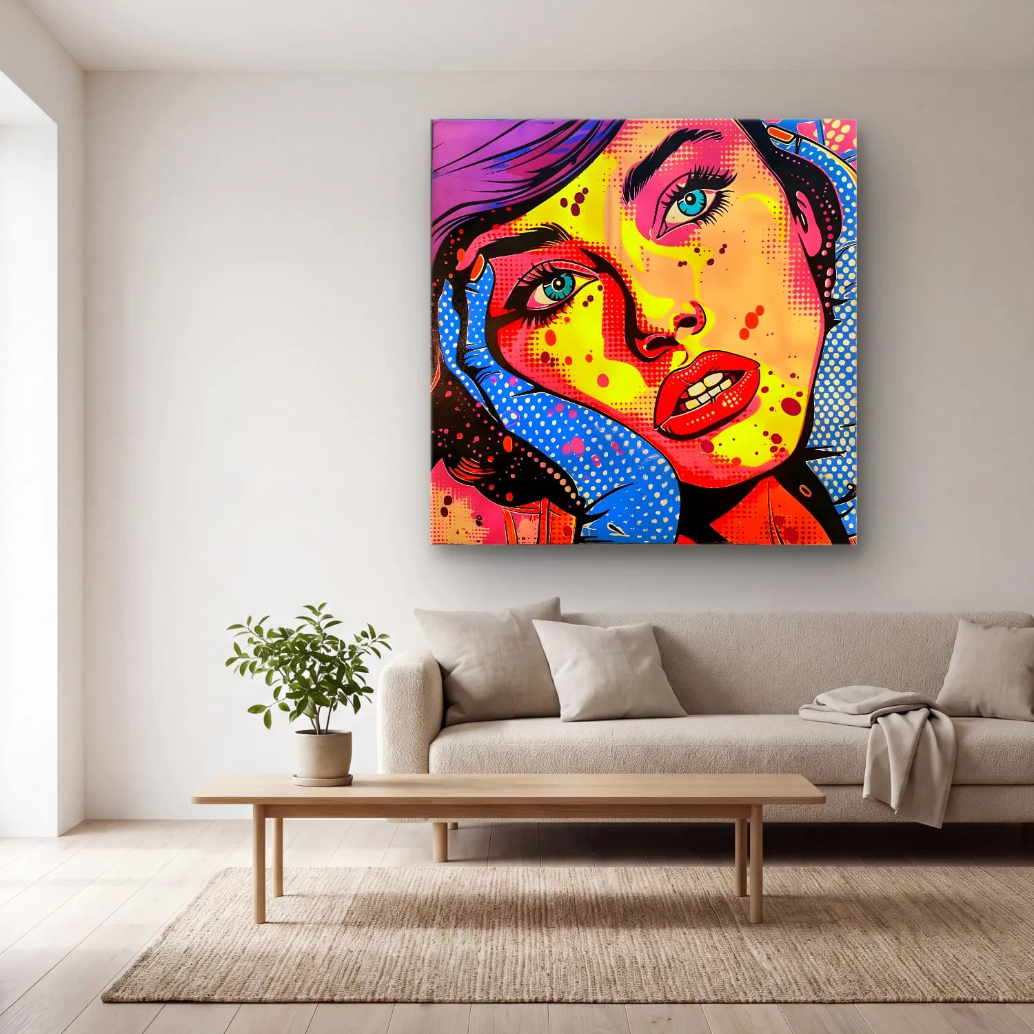 Pop Art Kadın Portresi No. 22 cam tablo — açık renk salonda