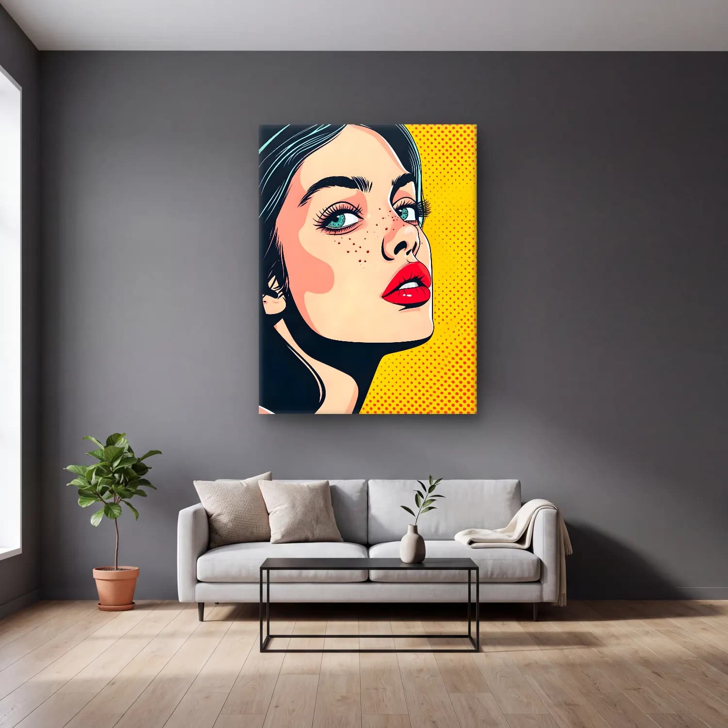 Pop Art Kız Çocuğu Portresi – Turkuaz Tonlar cam tablo — gri duvarlı salonda