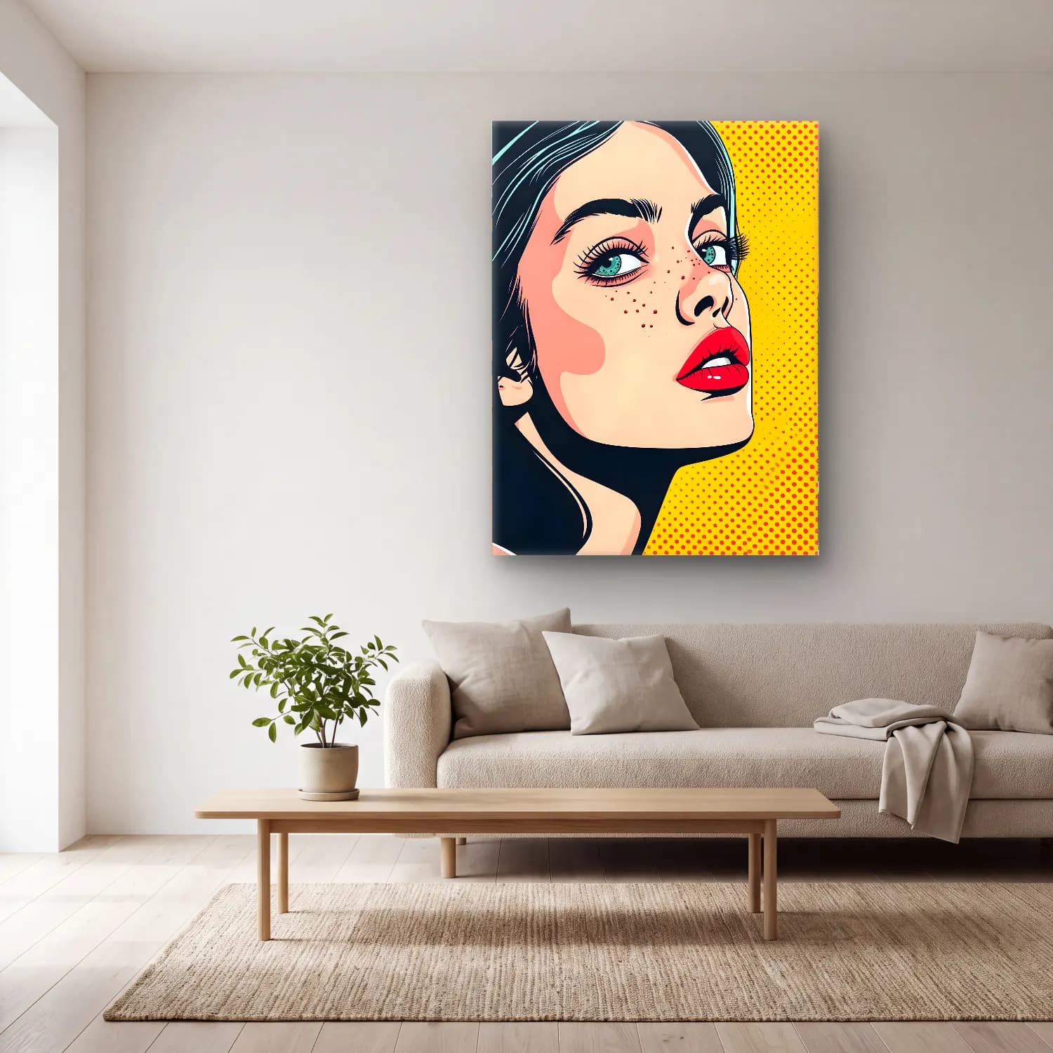 Pop Art Kız Çocuğu Portresi – Turkuaz Tonlar cam tablo — açık renk salonda