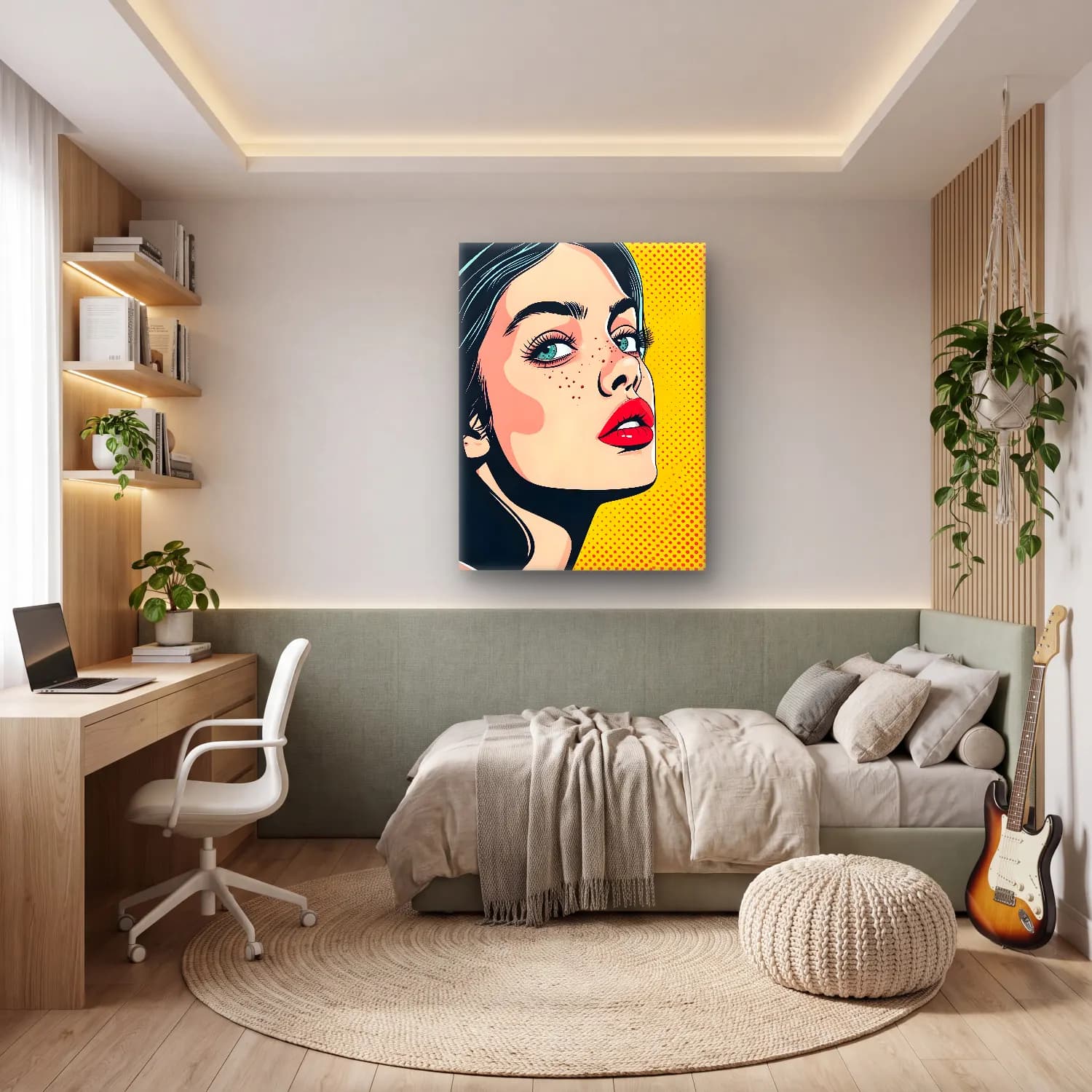 Pop Art Kız Çocuğu Portresi – Turkuaz Tonlar cam tablo — genç odasında