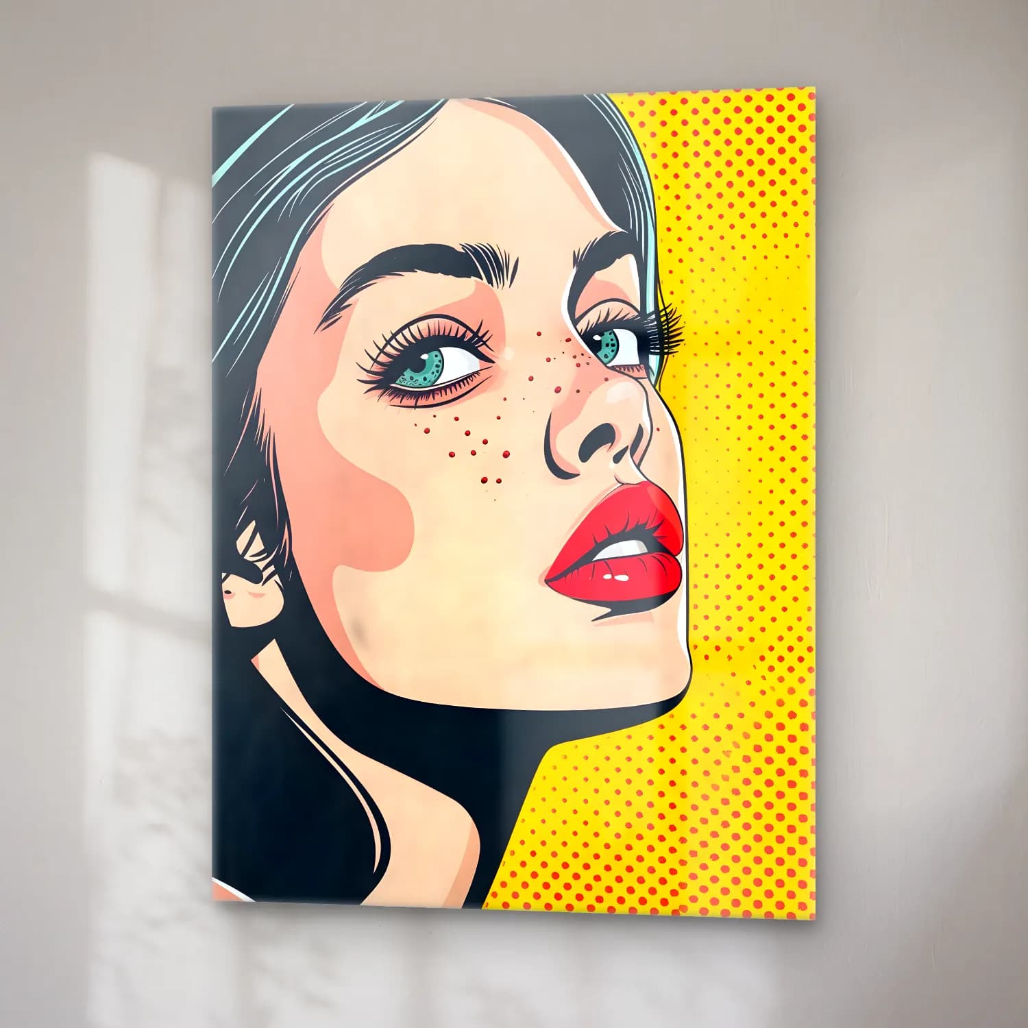 Pop Art Kız Çocuğu Portresi – Turkuaz Tonlar cam tablo — sağ açıdan görünüm