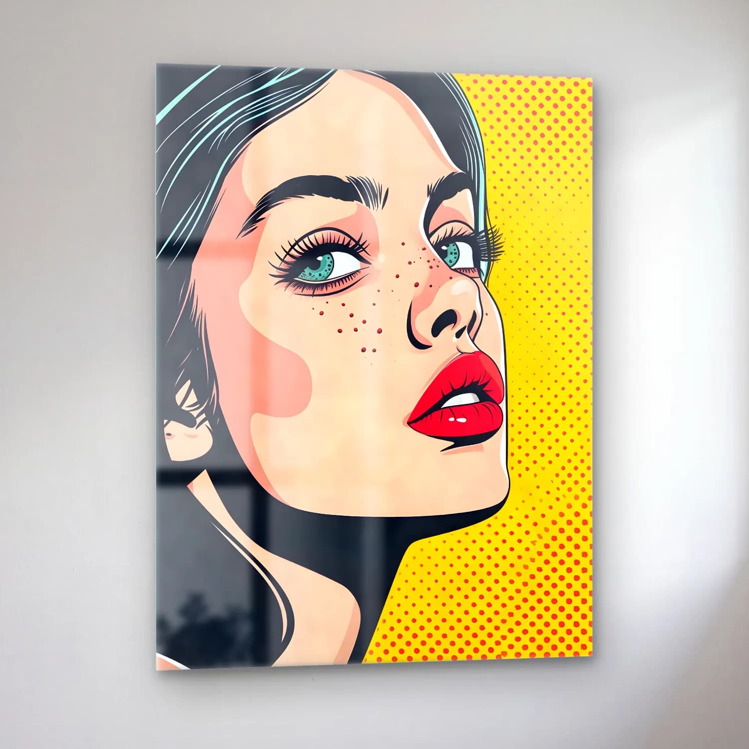 Pop Art Kız Çocuğu Portresi – Turkuaz Tonlar cam tablo — sol açıdan görünüm