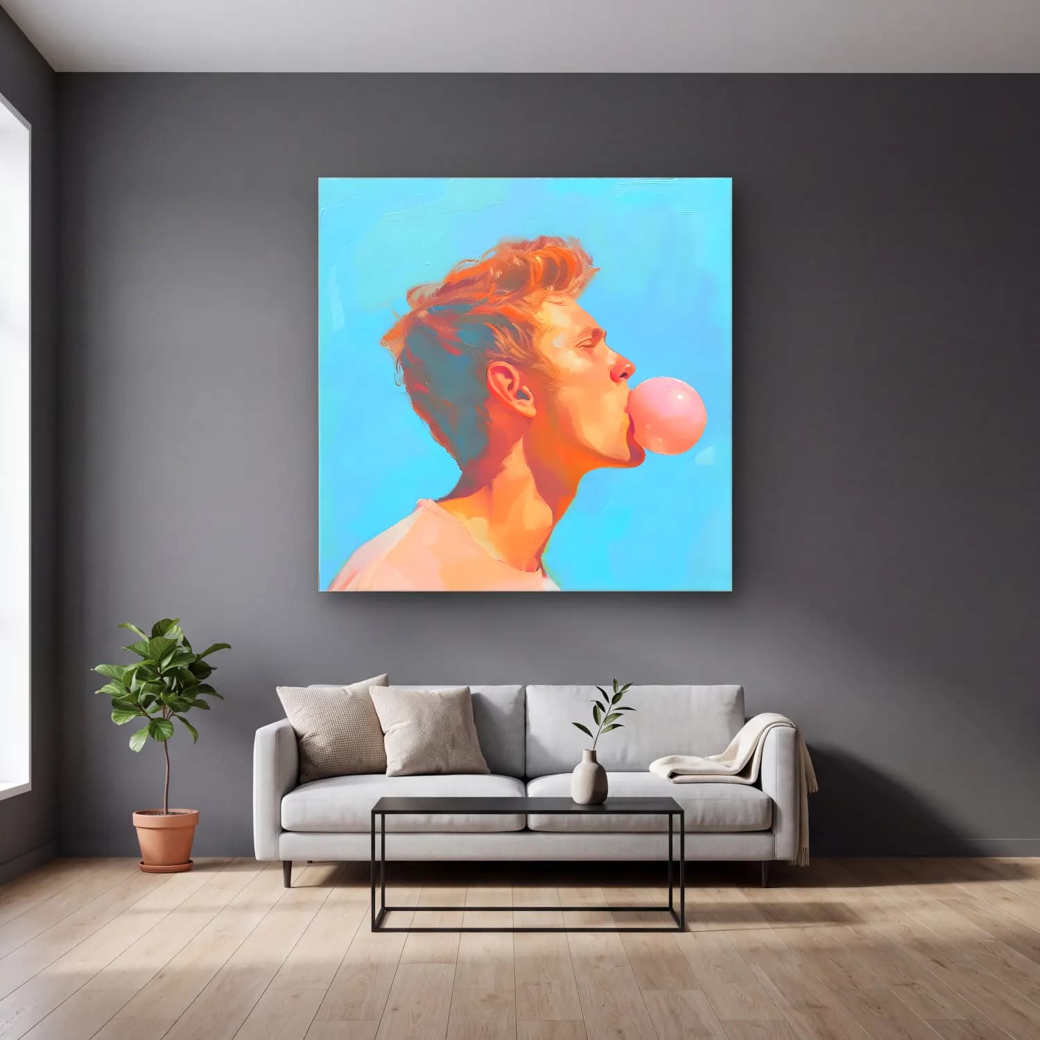 Pastel Erkek Portresi – Pastel Tonlar cam tablo — gri duvarlı salonda