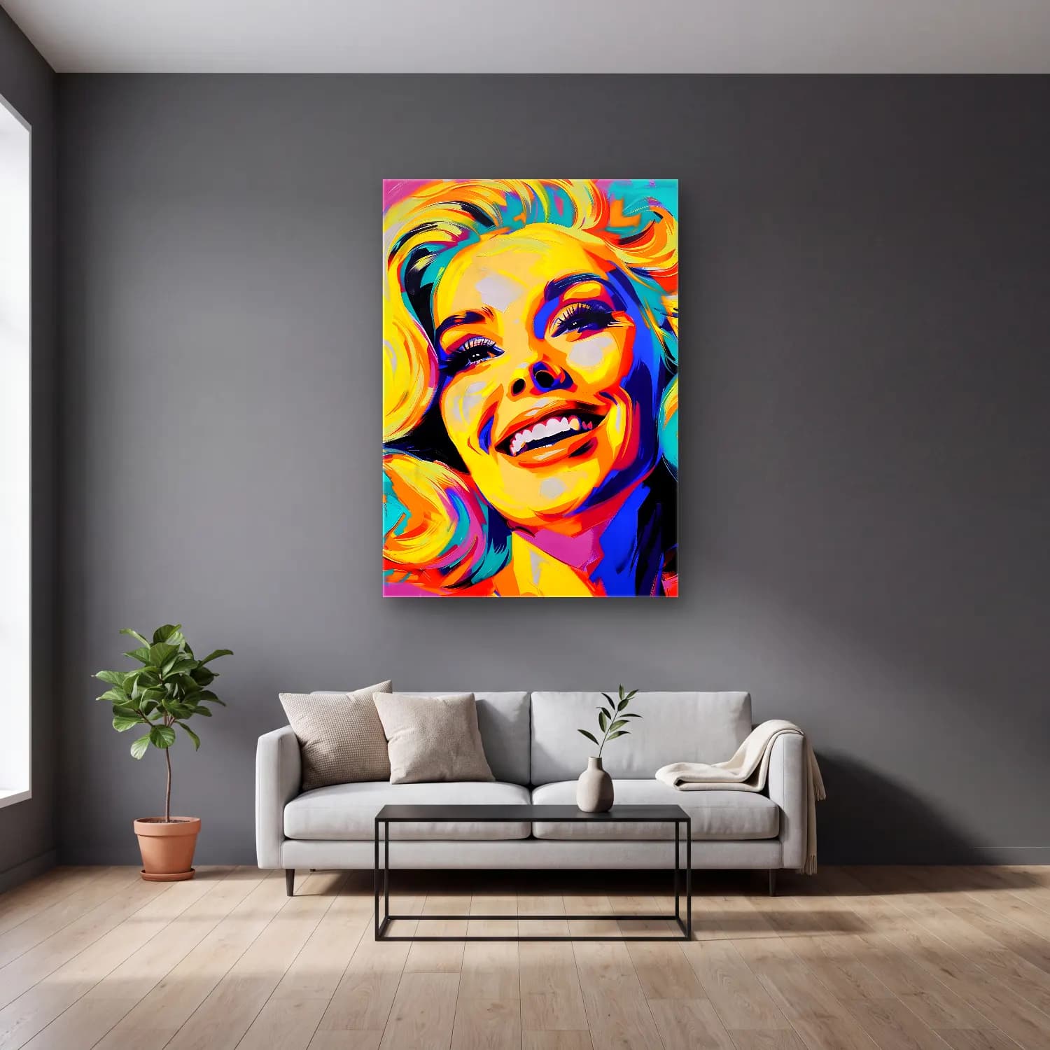 Pop Art Kadın Portresi No. 29 cam tablo — gri duvarlı salonda
