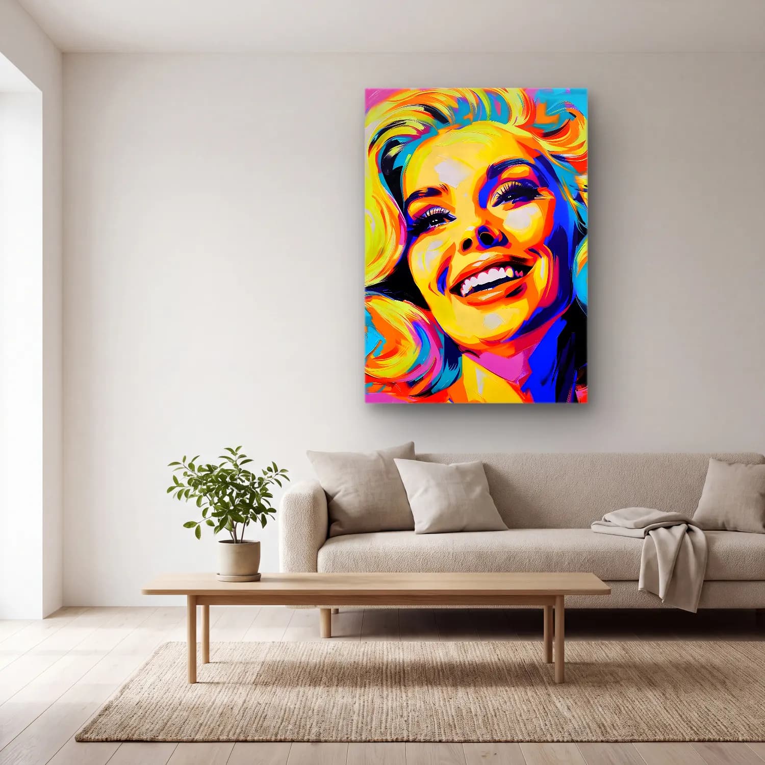 Pop Art Kadın Portresi No. 29 cam tablo — açık renk salonda