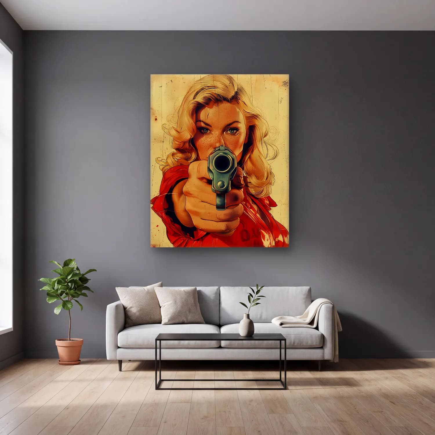 Pop Art Kadın Portresi No. 32 cam tablo — gri duvarlı salonda