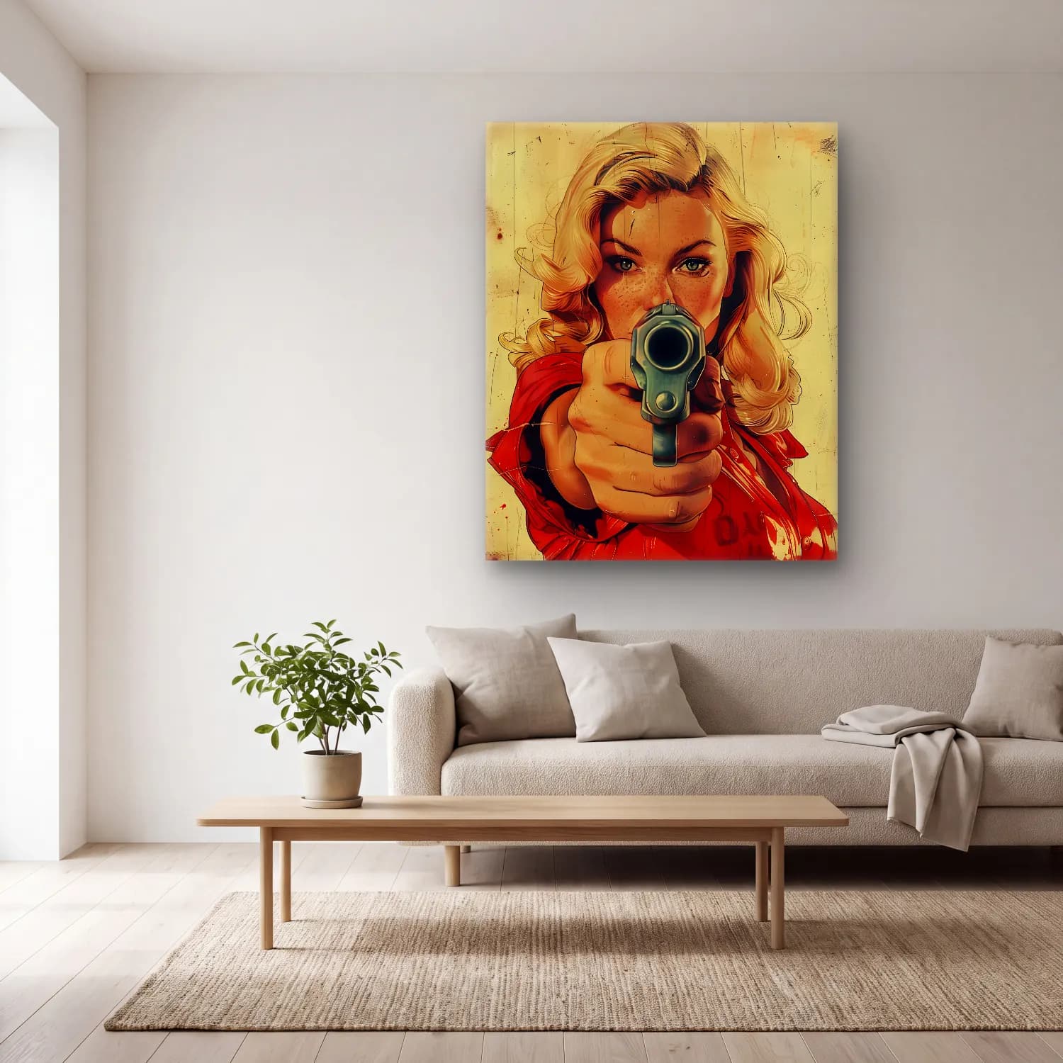 Pop Art Kadın Portresi No. 32 cam tablo — açık renk salonda