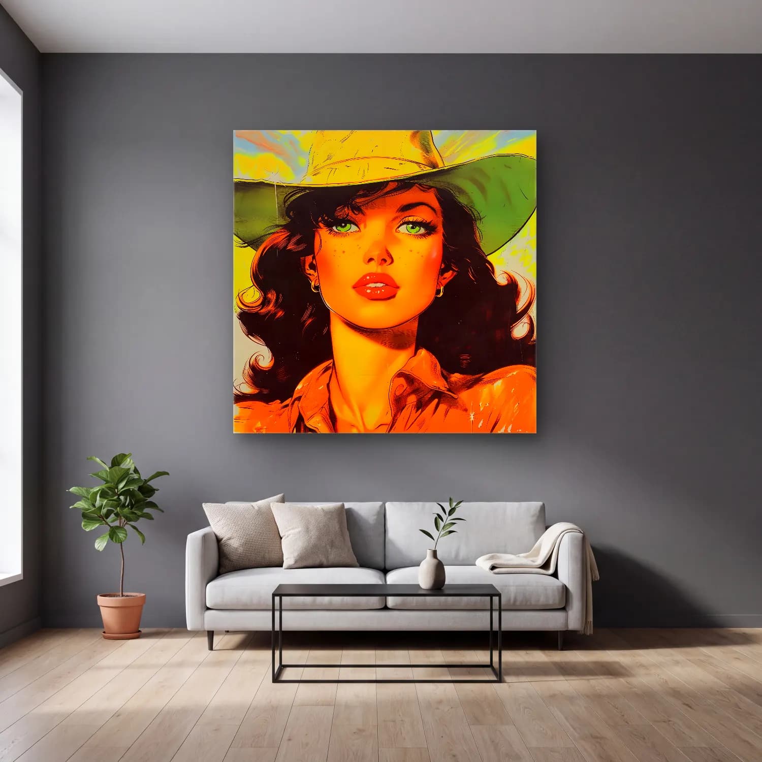 Pop Art Şapkalı Kadın No. 8 cam tablo — gri duvarlı salonda